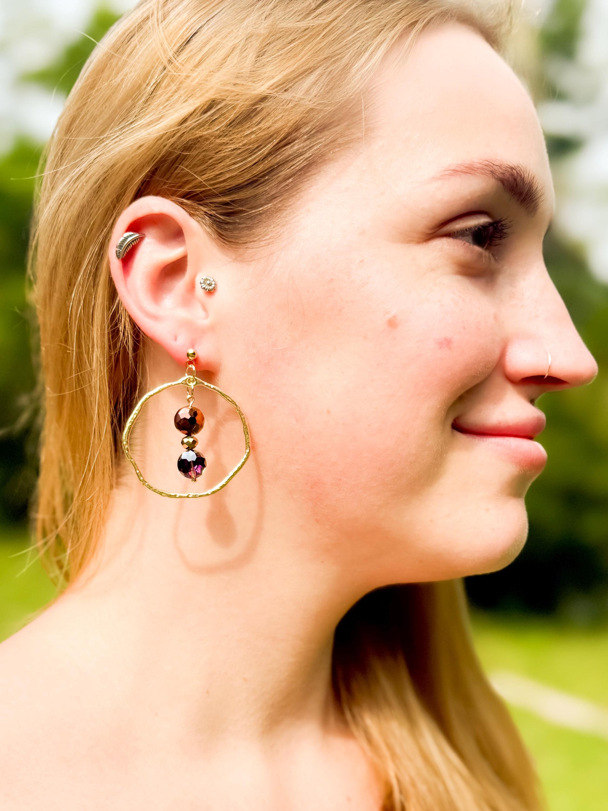 Hammered Gold Hoop Dangle Earrings: Autumn Glass Bead Statement Jewelry