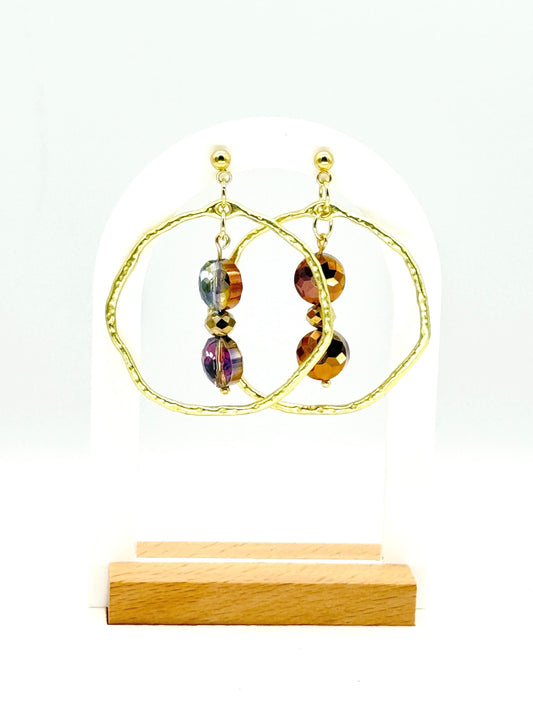 Hammered Gold Hoop Dangle Earrings: Autumn Glass Bead Statement Jewelry