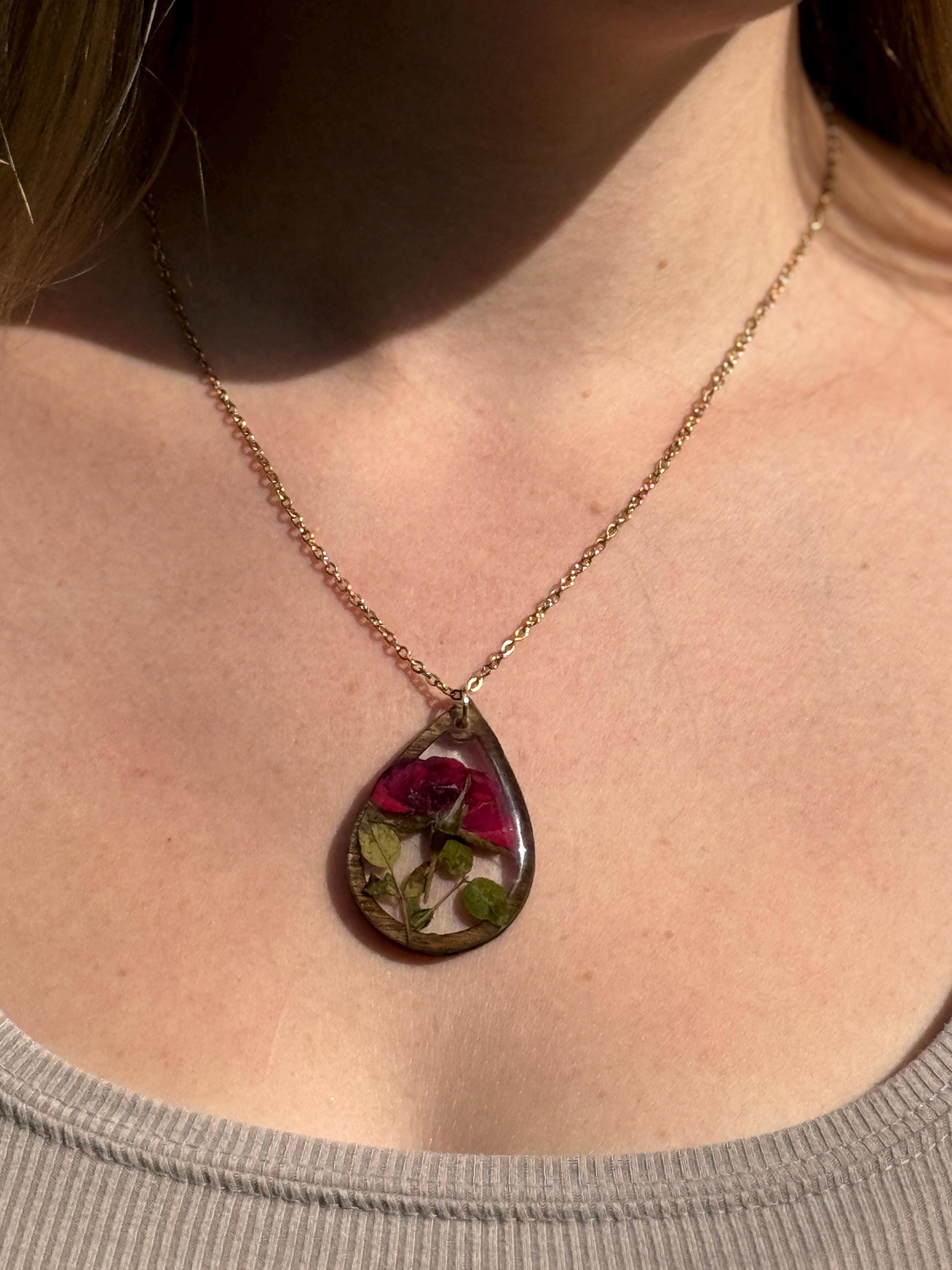 Birth Flower Necklace: Real Pressed Flower, Rustic Wood Teardrop Pendant