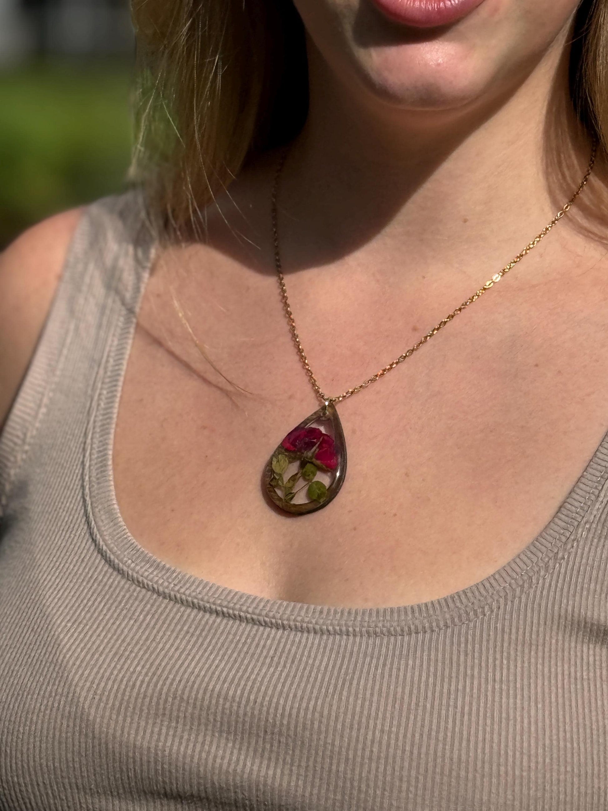 Birth Flower Necklace: Real Pressed Flower, Rustic Wood Teardrop Pendant