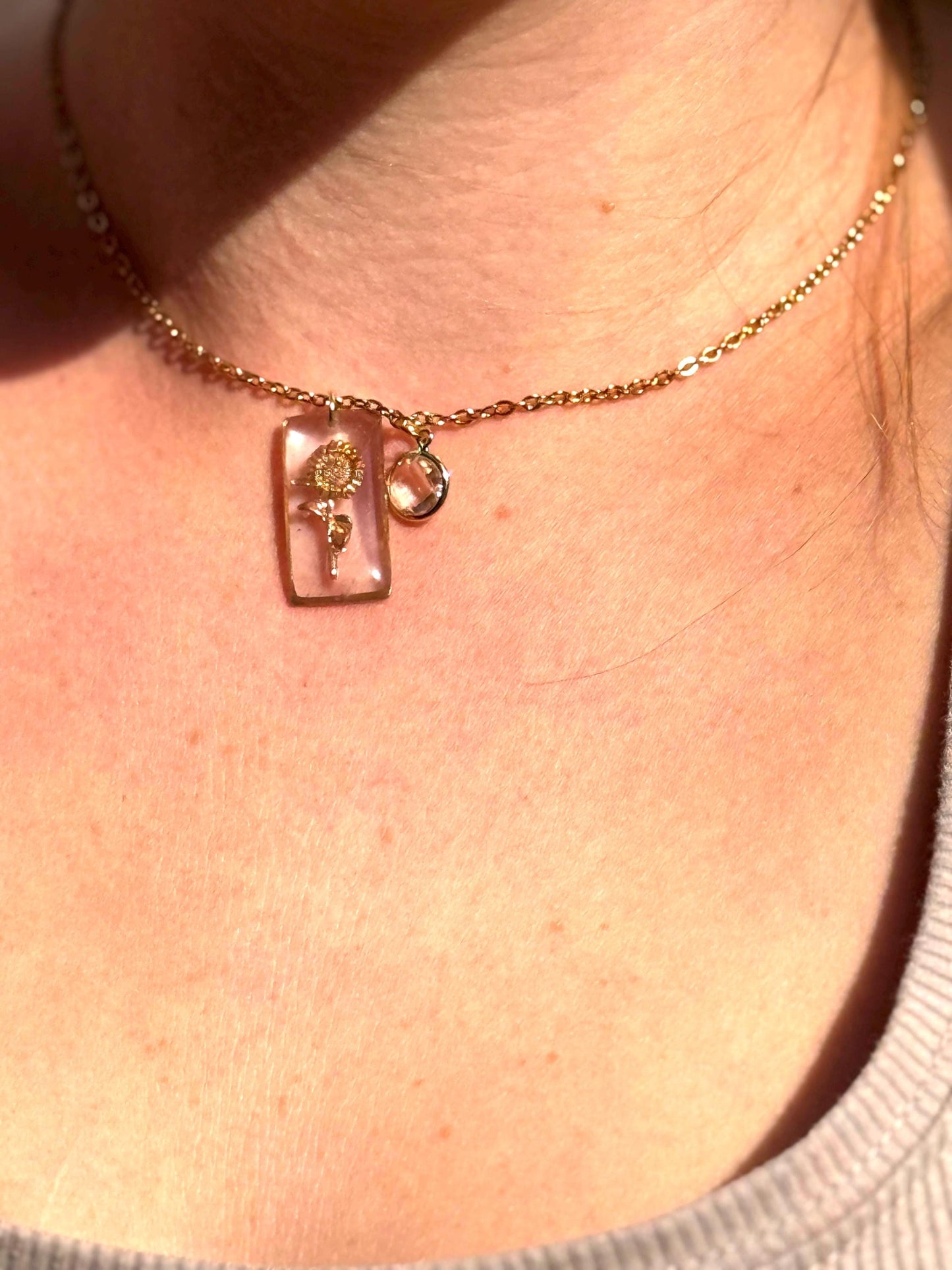Birth flower necklace, floral necklace – Custom Resin & Gold-tone Charm • Optional Birthstone • Any Month