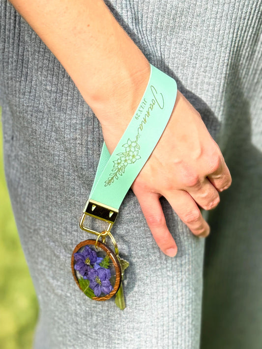 Personalized Birth Flower Keychain: Faux Leather Strap, Resin Flower Charm