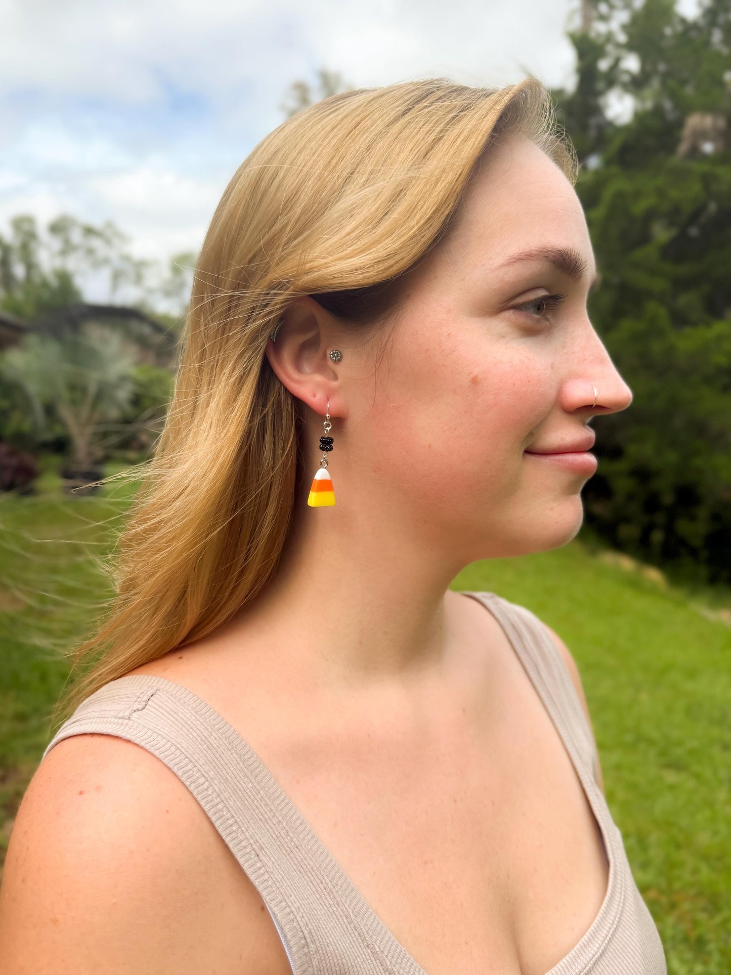 Candy Corn Dangle Earrings: Sterling Silver, Spooky Fall Jewelry