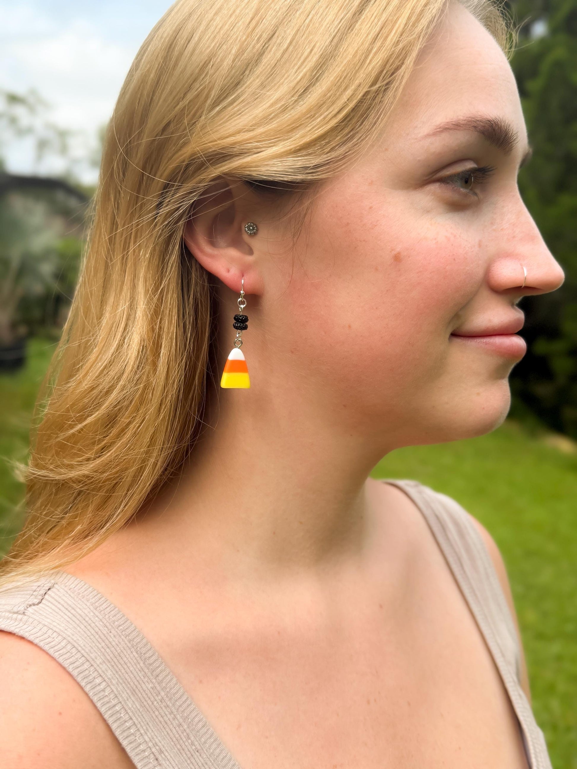 Candy Corn Dangle Earrings: Sterling Silver, Spooky Fall Jewelry