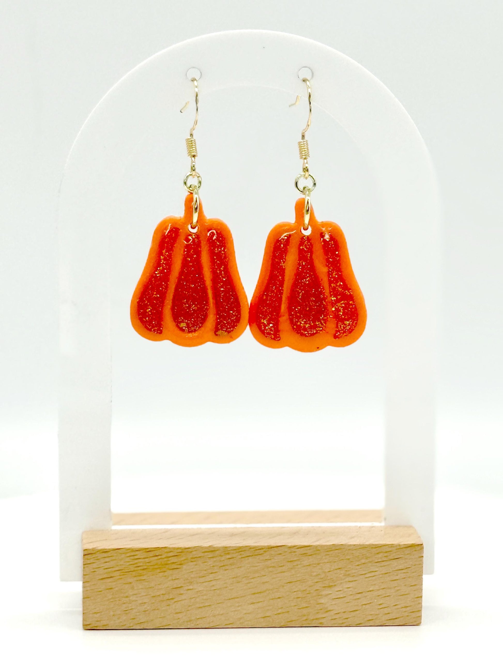 Glitter Pumpkin Earrings: Handmade Polymer Clay Dangles, Gold-Tone