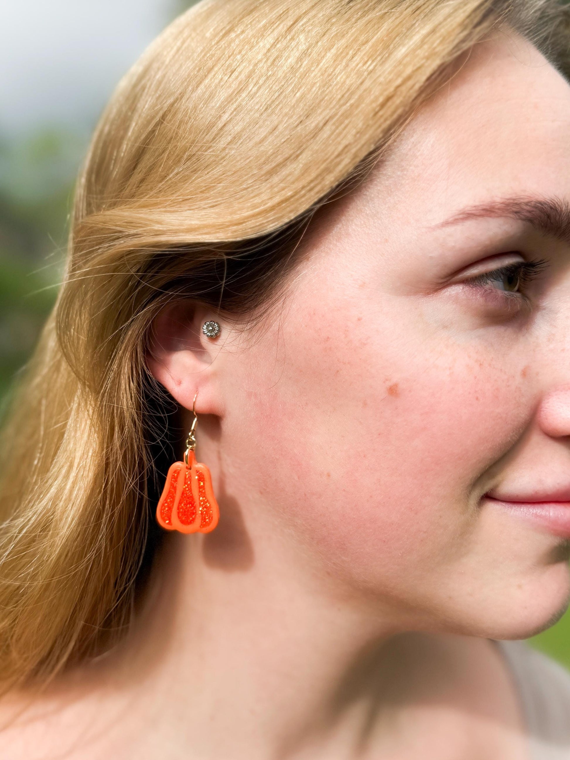 Glitter Pumpkin Earrings: Handmade Polymer Clay Dangles, Gold-Tone