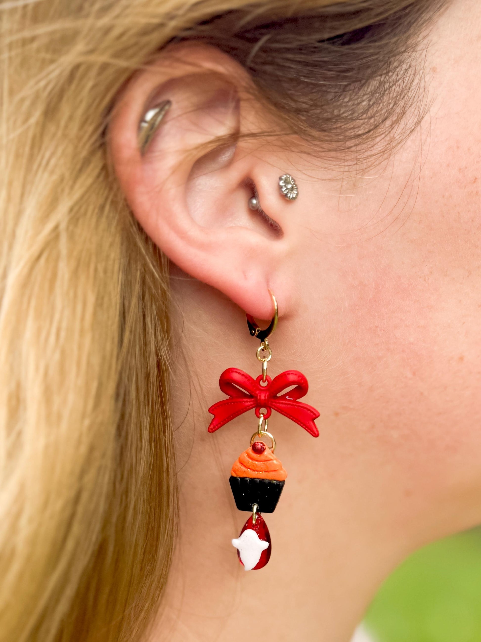 Ghost Cupcake Dangle Earrings: Polymer Clay, Bow Accent, Gold Leverbacks