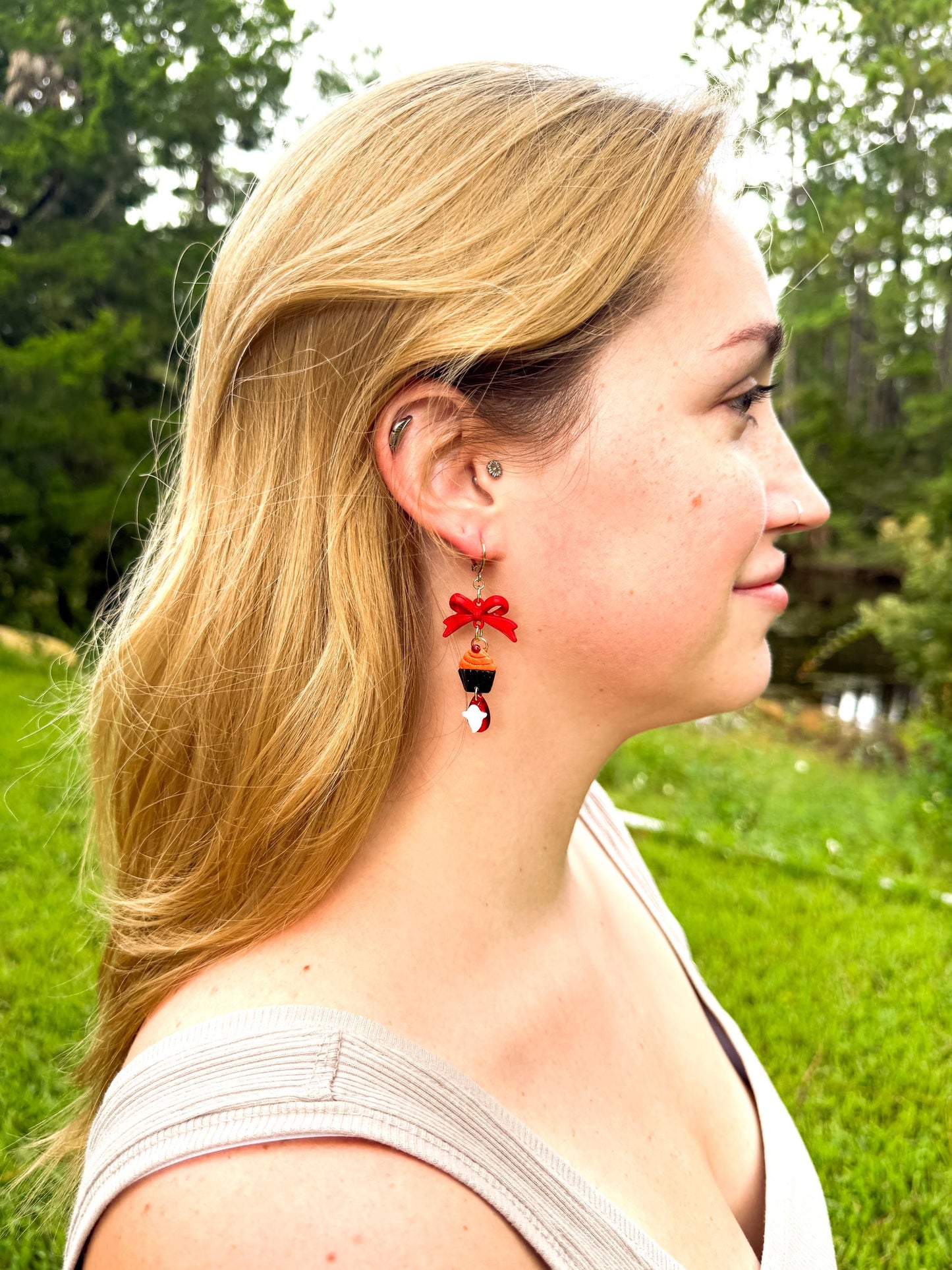 Ghost Cupcake Dangle Earrings: Polymer Clay, Bow Accent, Gold Leverbacks