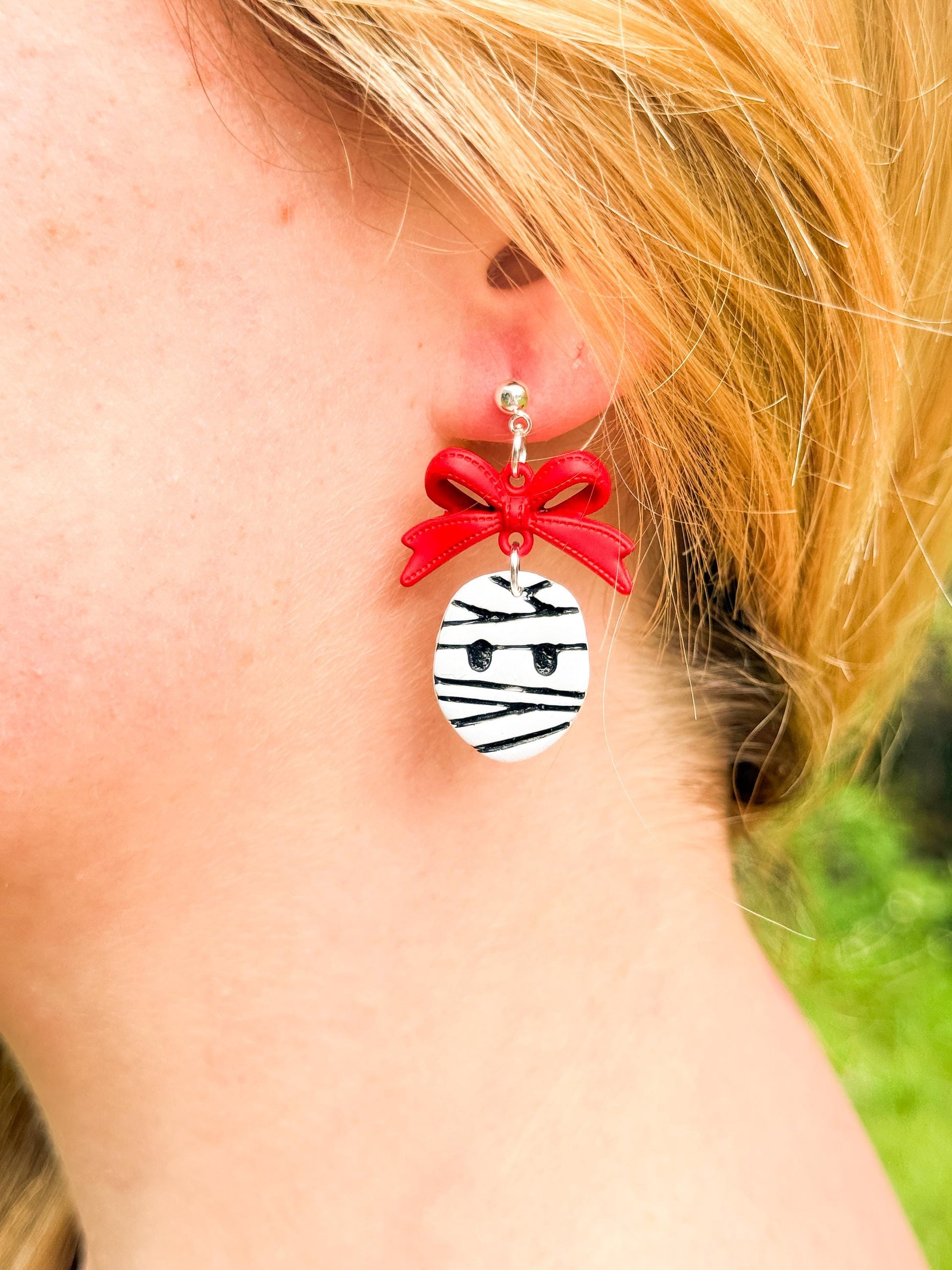 Mummy Polymer Clay Earrings: Red Bow Dangles, Halloween Novelty Jewelry