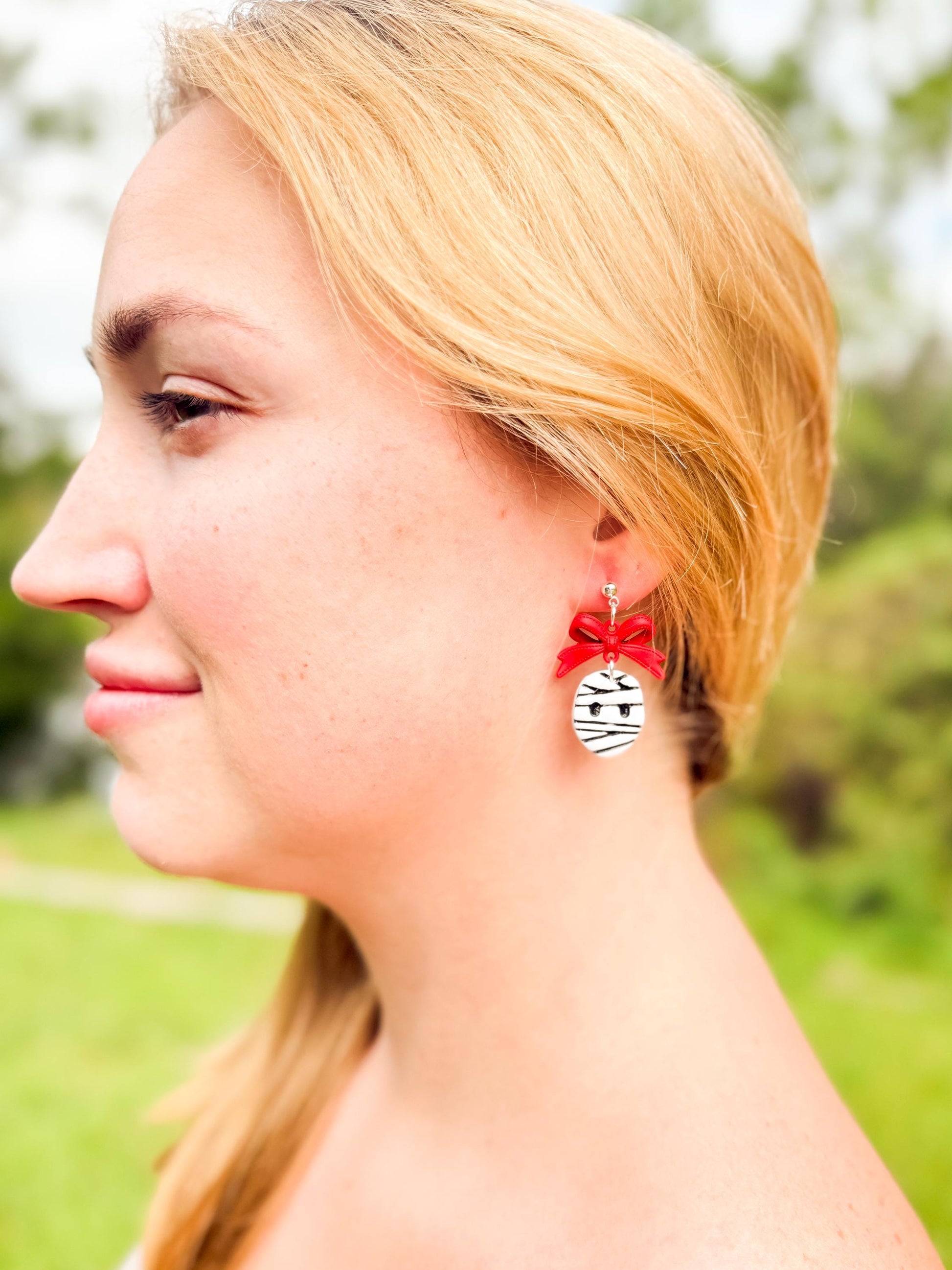 Mummy Polymer Clay Earrings: Red Bow Dangles, Halloween Novelty Jewelry