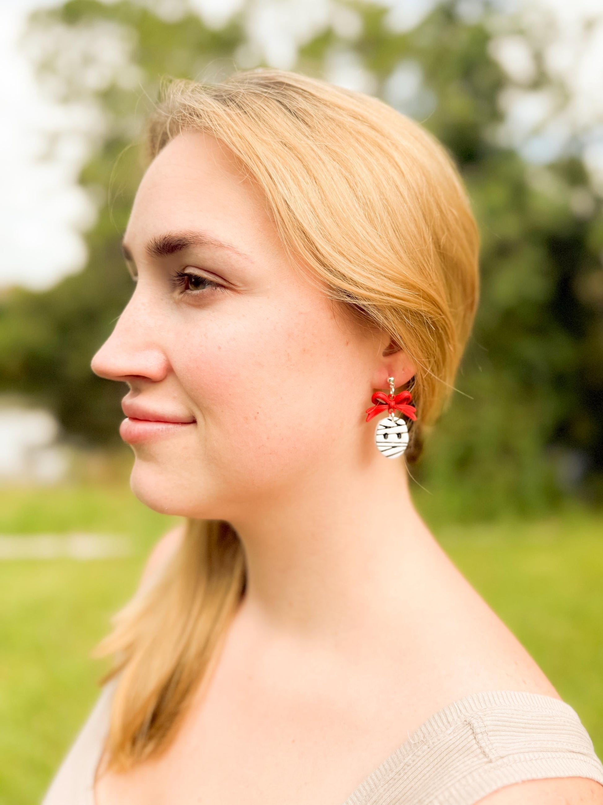 Mummy Polymer Clay Earrings: Red Bow Dangles, Halloween Novelty Jewelry
