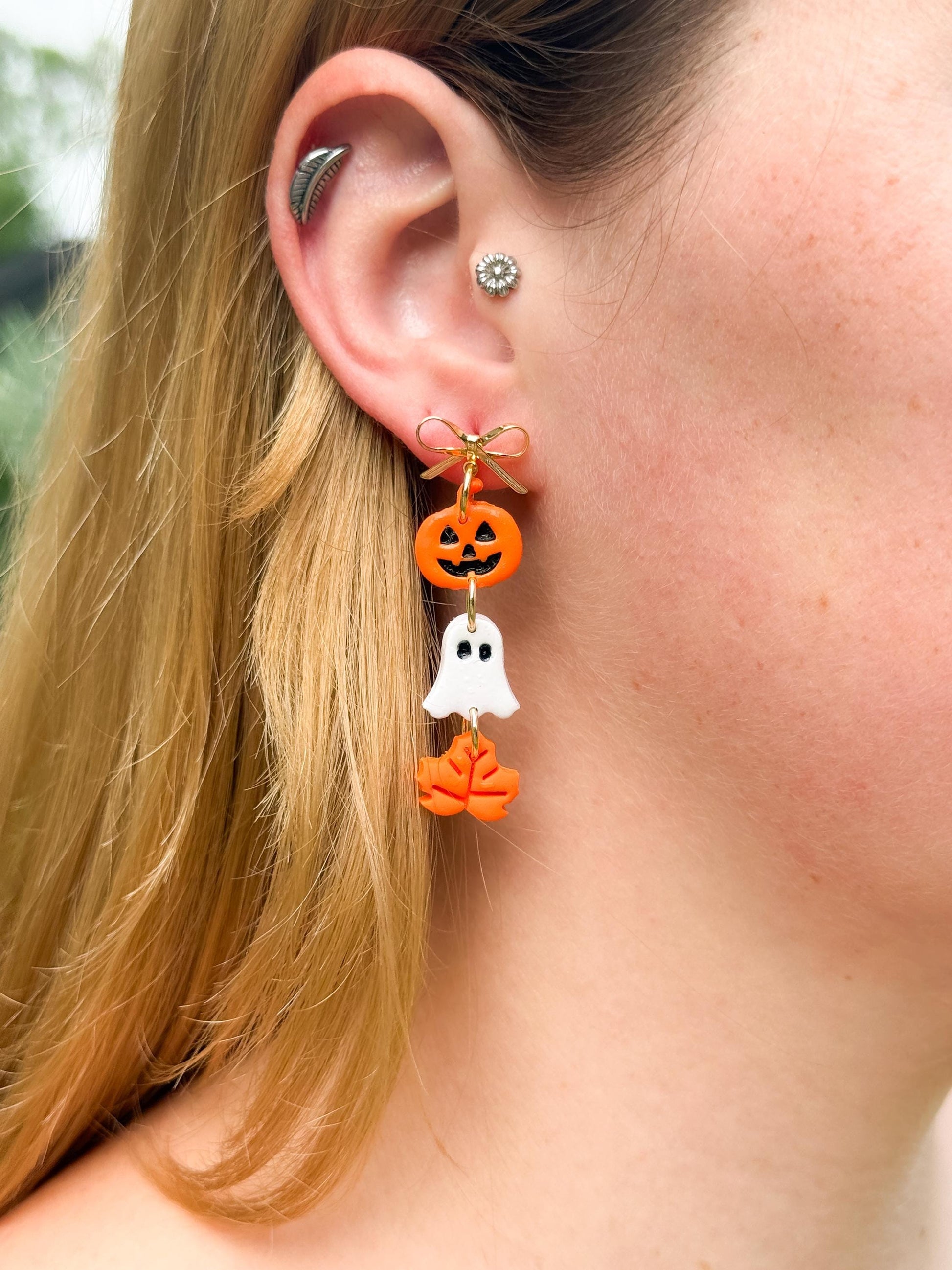 Halloween Polymer Clay Dangle Earrings: Pumpkin, Ghost & Leaf - Gold Bow