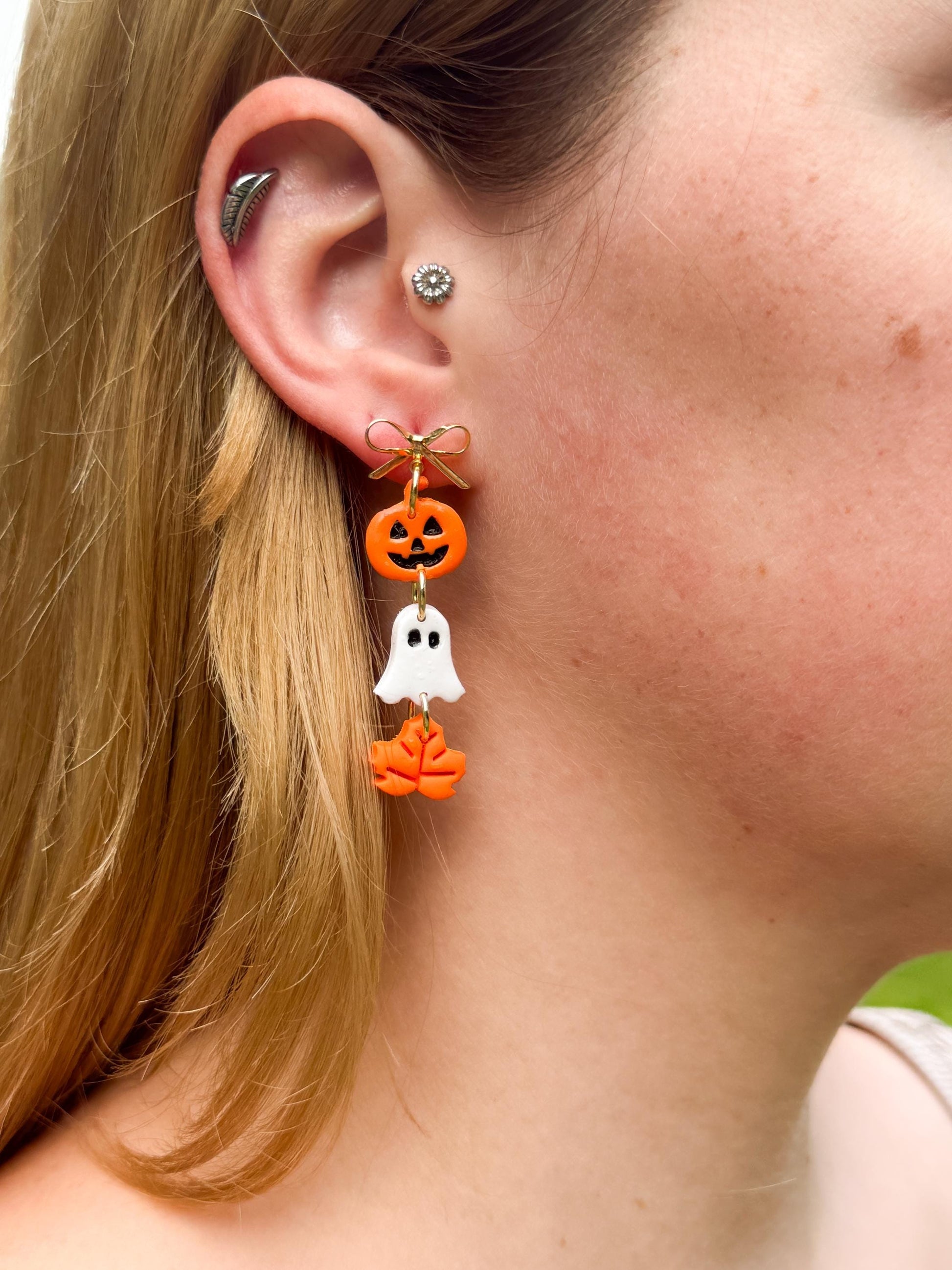 Halloween Polymer Clay Dangle Earrings: Pumpkin, Ghost & Leaf - Gold Bow