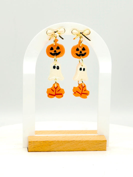 Halloween Polymer Clay Dangle Earrings: Pumpkin, Ghost & Leaf - Gold Bow