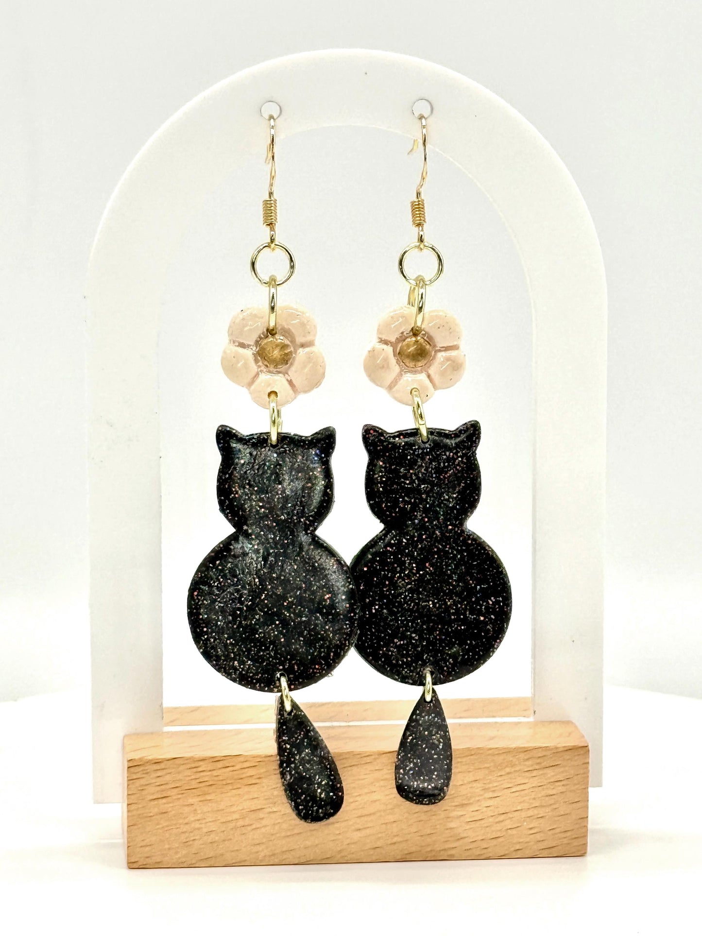 Black Cat Dangle Earrings: Polymer Clay Kitty, Halloween Jewelry