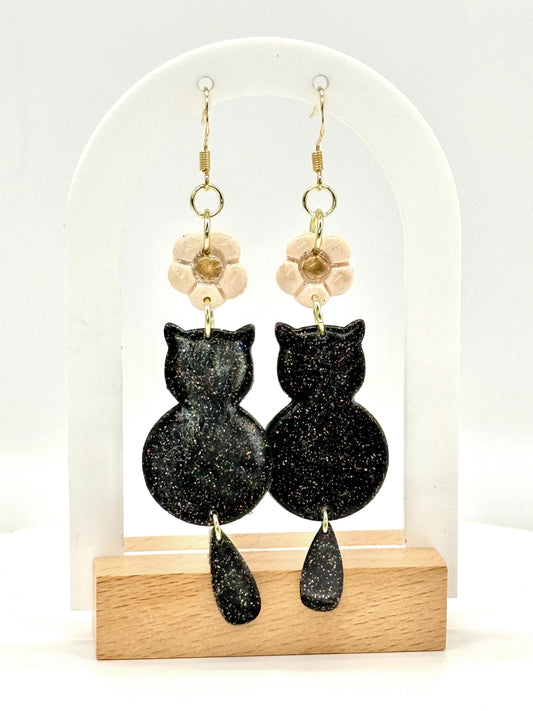 Black Cat Dangle Earrings: Polymer Clay Kitty, Halloween Jewelry