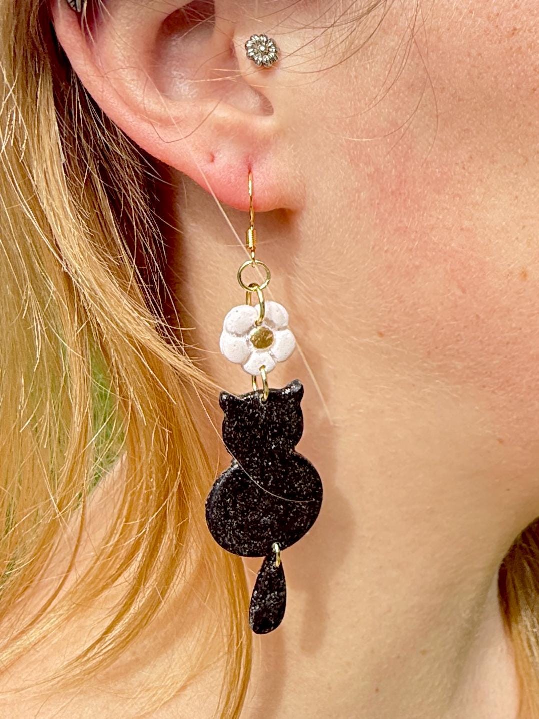 Black Cat Dangle Earrings: Polymer Clay Kitty, Halloween Jewelry