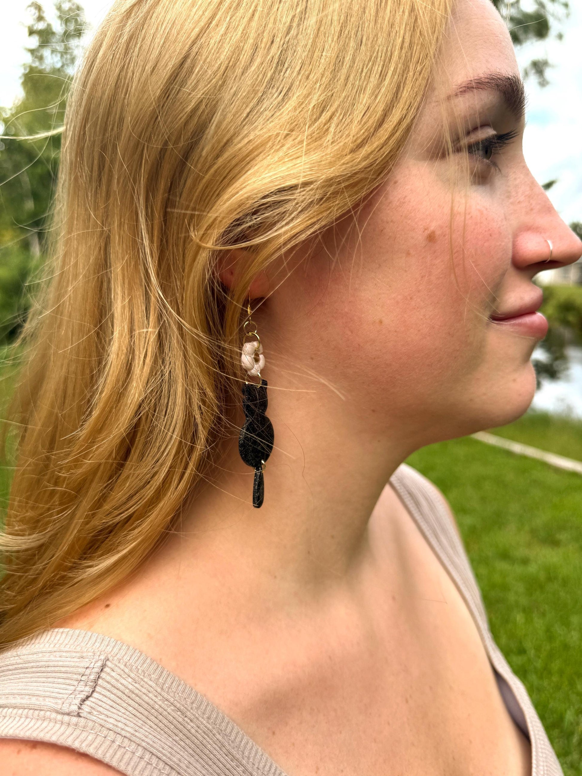Black Cat Dangle Earrings: Polymer Clay Kitty, Halloween Jewelry