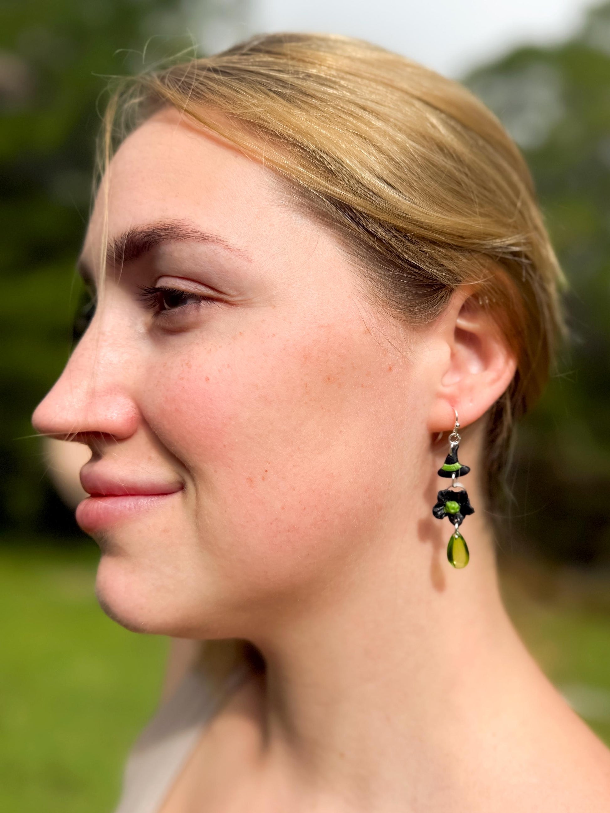 Witch Hat Polymer Clay Dangle Earrings: Sterling Silver, Green Drops
