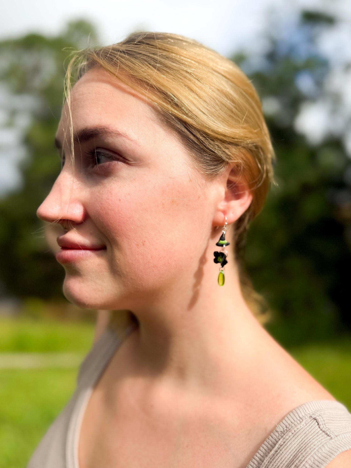 Witch Hat Polymer Clay Dangle Earrings: Sterling Silver, Green Drops