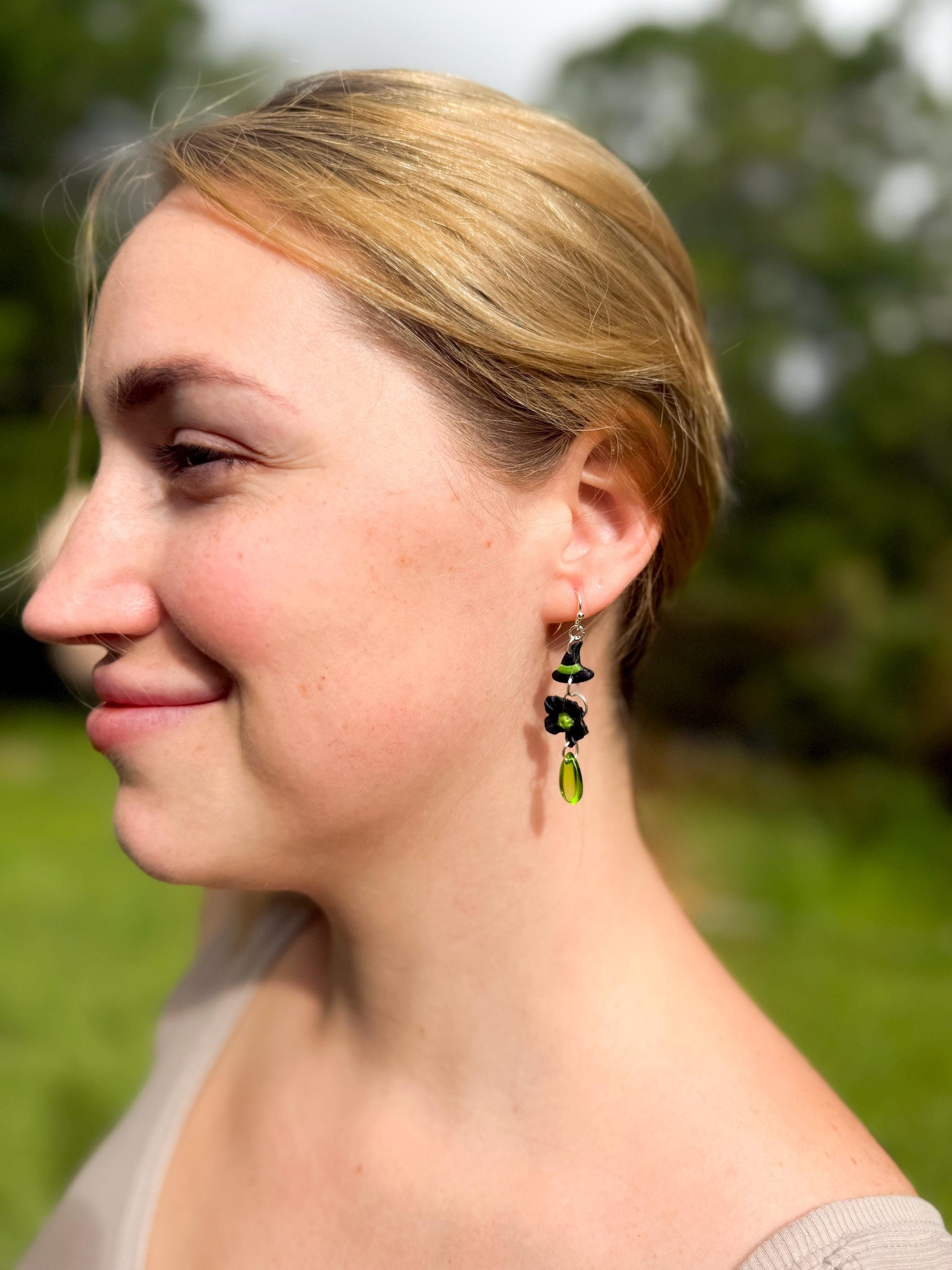 Witch Hat Polymer Clay Dangle Earrings: Sterling Silver, Green Drops