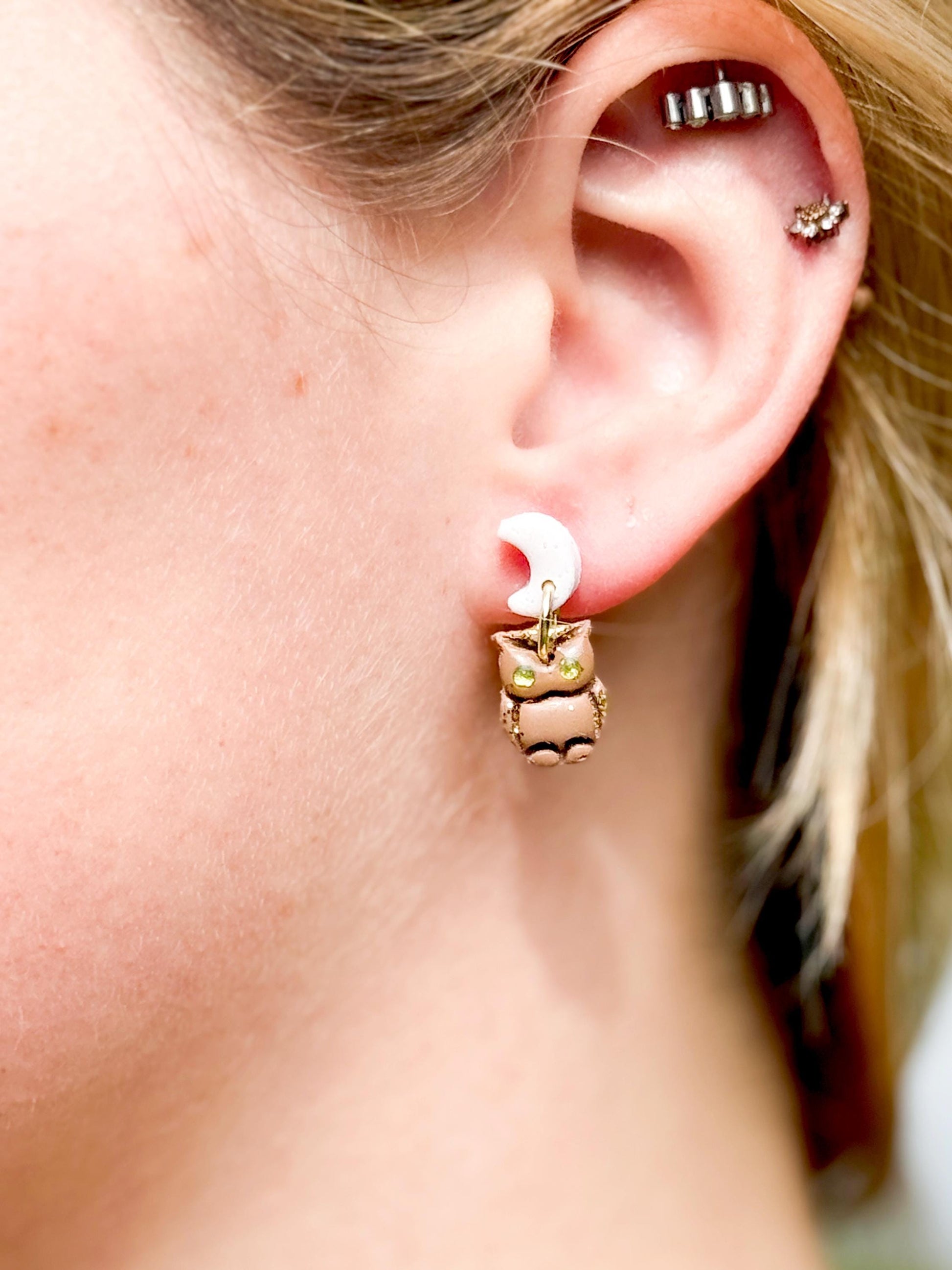 Polymer Clay Owl & Moon Earrings: Glitter Dangles, Gem Eyes