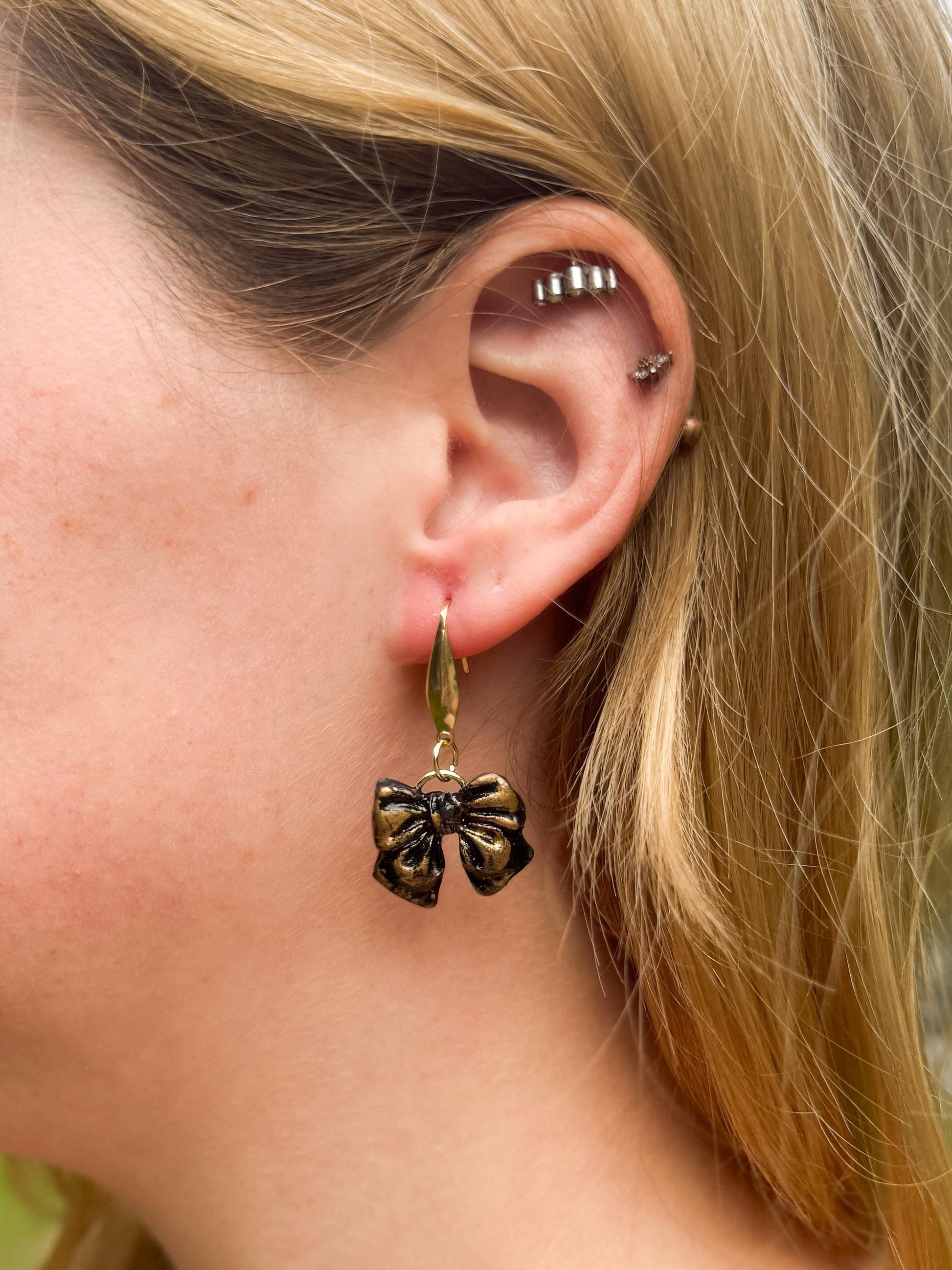 Black & Gold Bow Earrings: Gothic-Glam Polymer Clay Jewelry