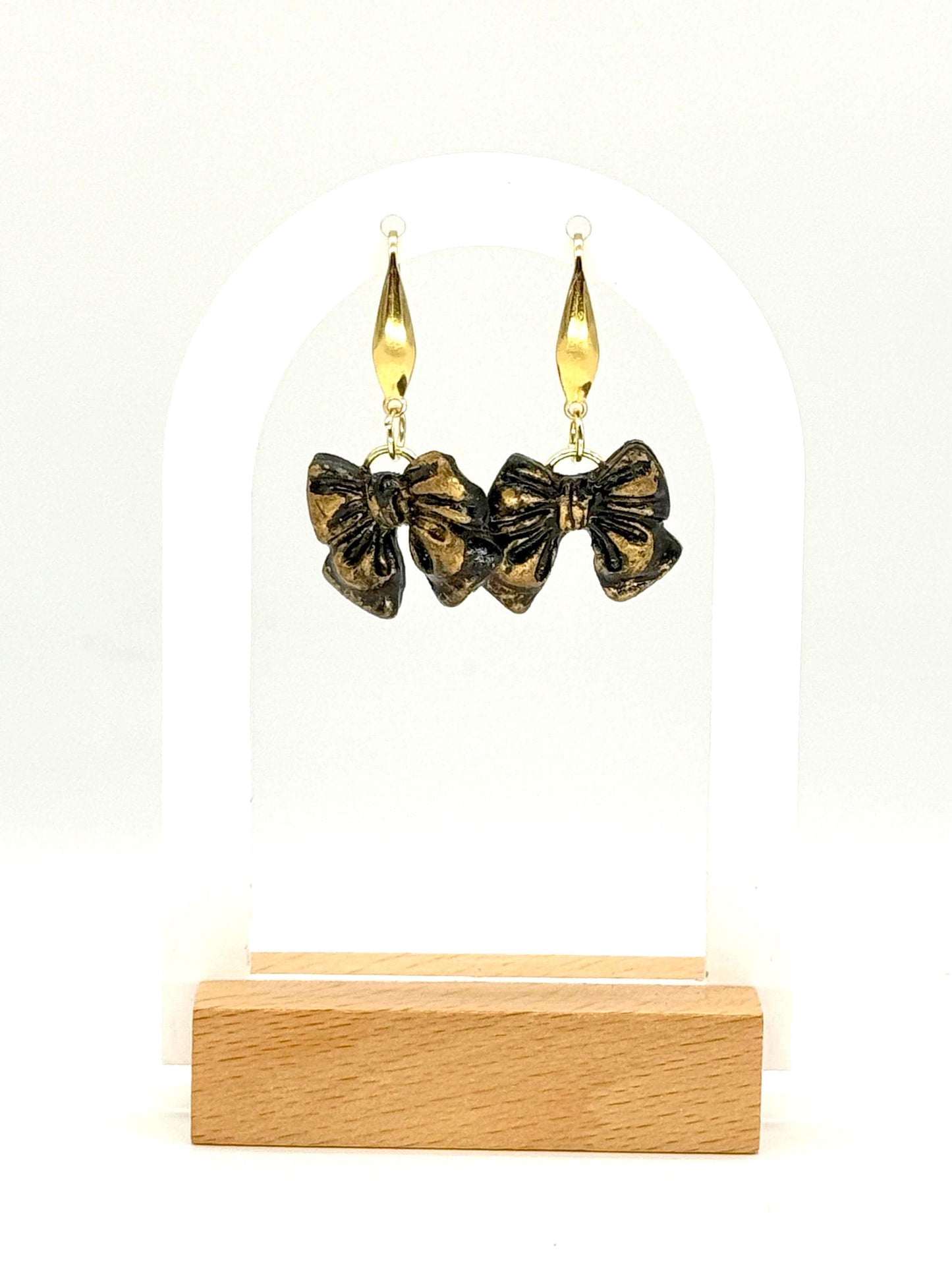Black & Gold Bow Earrings: Gothic-Glam Polymer Clay Jewelry
