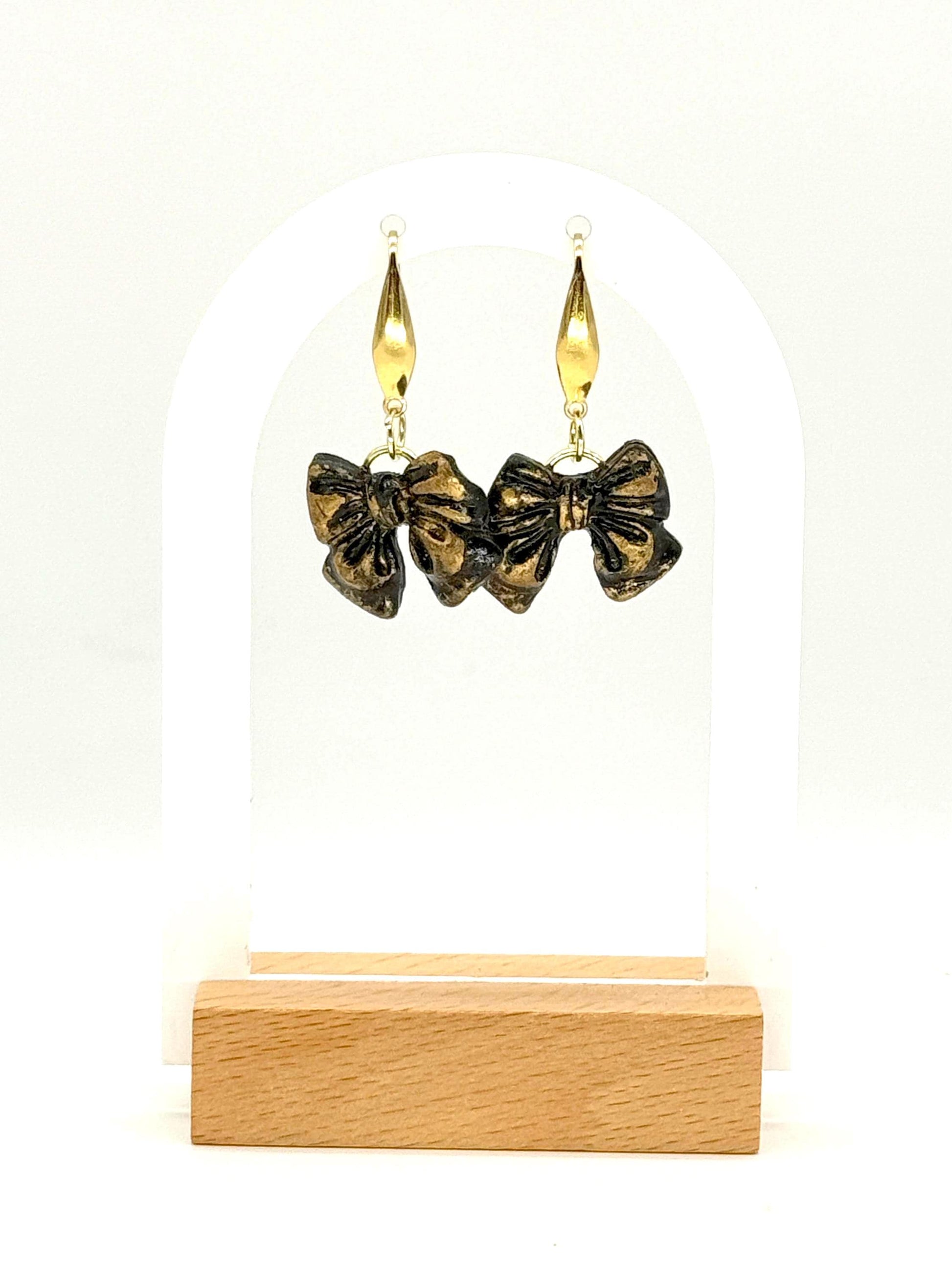 Black & Gold Bow Earrings: Gothic-Glam Polymer Clay Jewelry