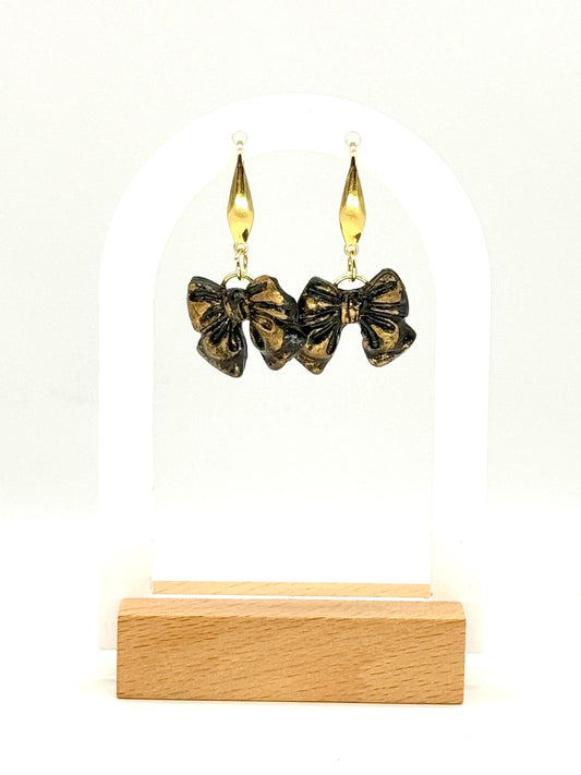 Black & Gold Bow Earrings: Gothic-Glam Polymer Clay Jewelry