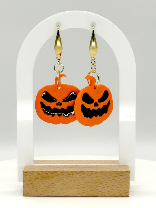 Halloween Earrings, Pumpkin Earrings — Handmade Jack-O’-Lantern Polymer Clay & Black Resin Dangles (Gold)