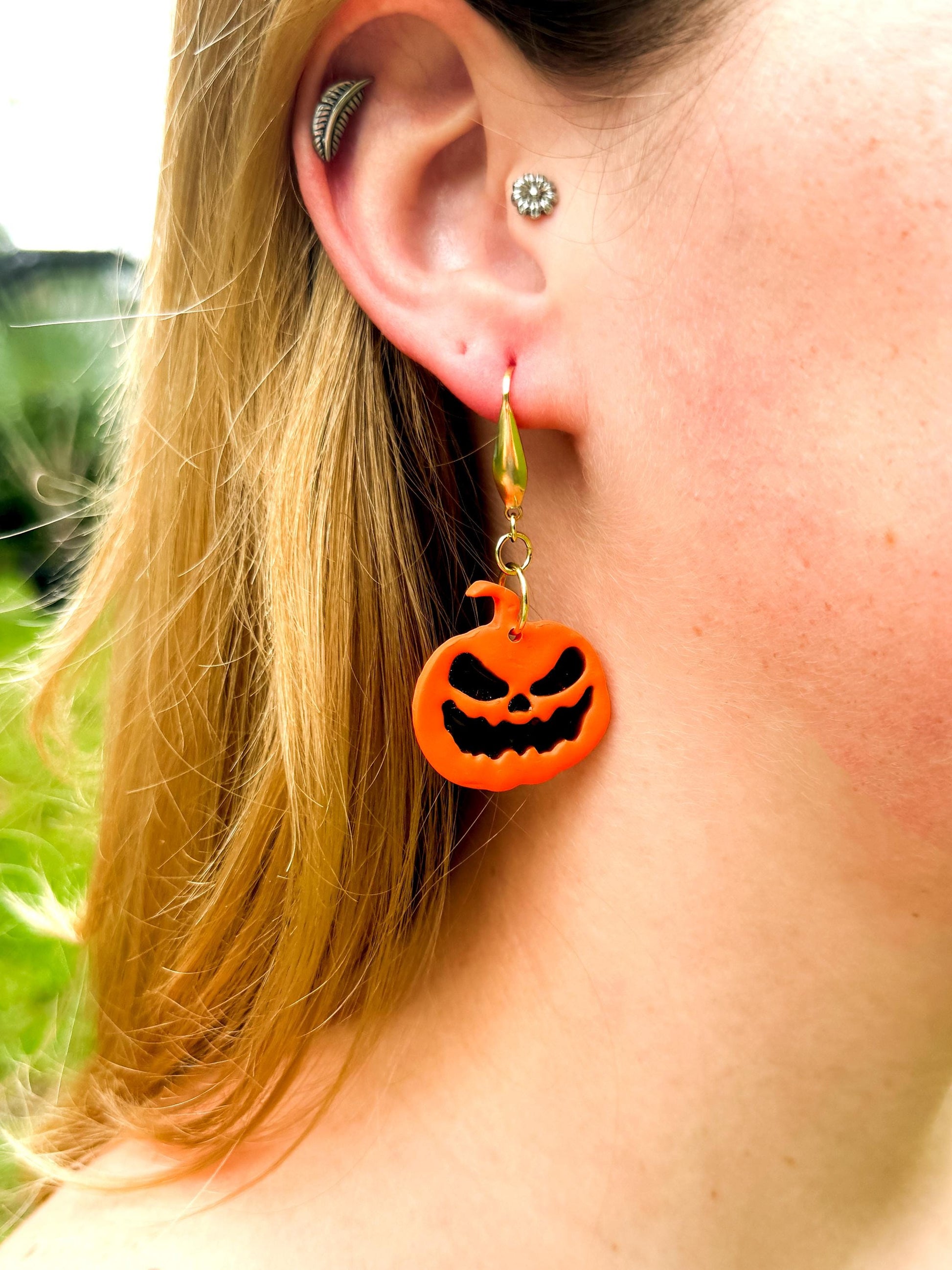 Halloween Earrings, Pumpkin Earrings — Handmade Jack-O’-Lantern Polymer Clay & Black Resin Dangles (Gold)