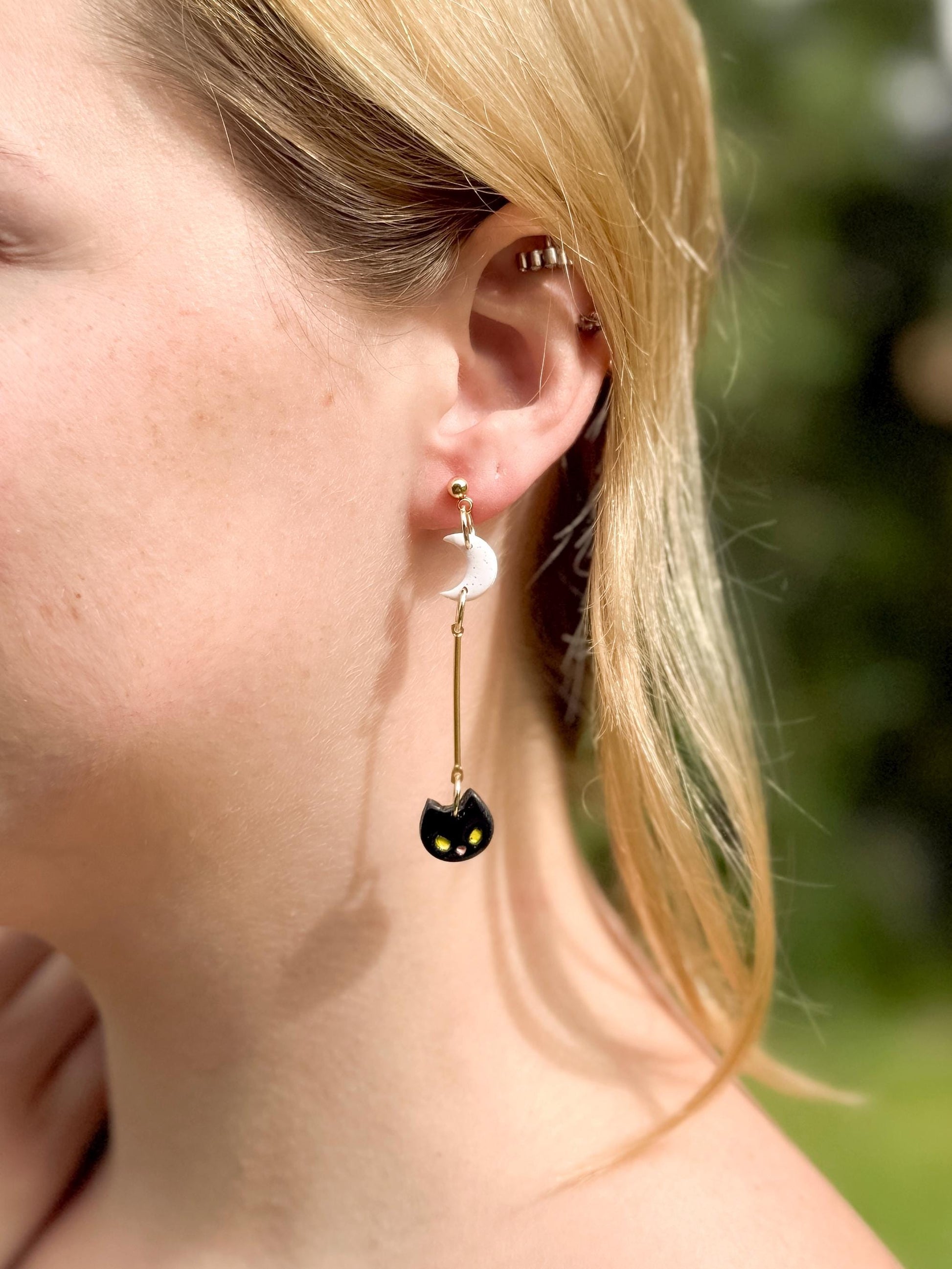 Black Cat Dangle Earrings: Polymer Clay Moon, Gold Bar - Halloween Jewelry