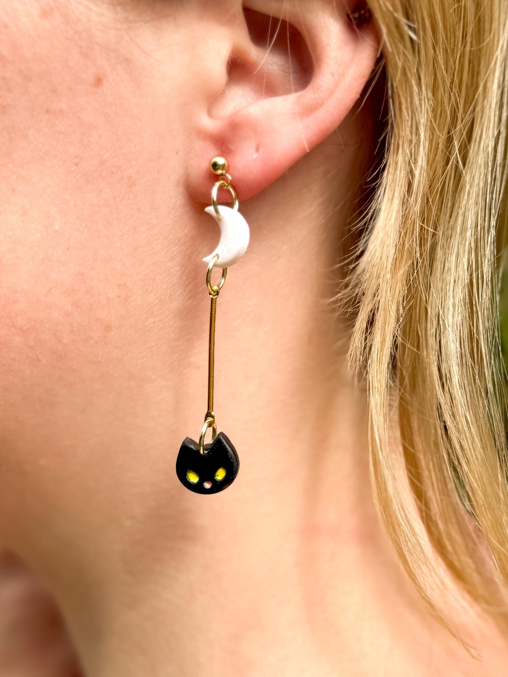 Black Cat Dangle Earrings: Polymer Clay Moon, Gold Bar - Halloween Jewelry