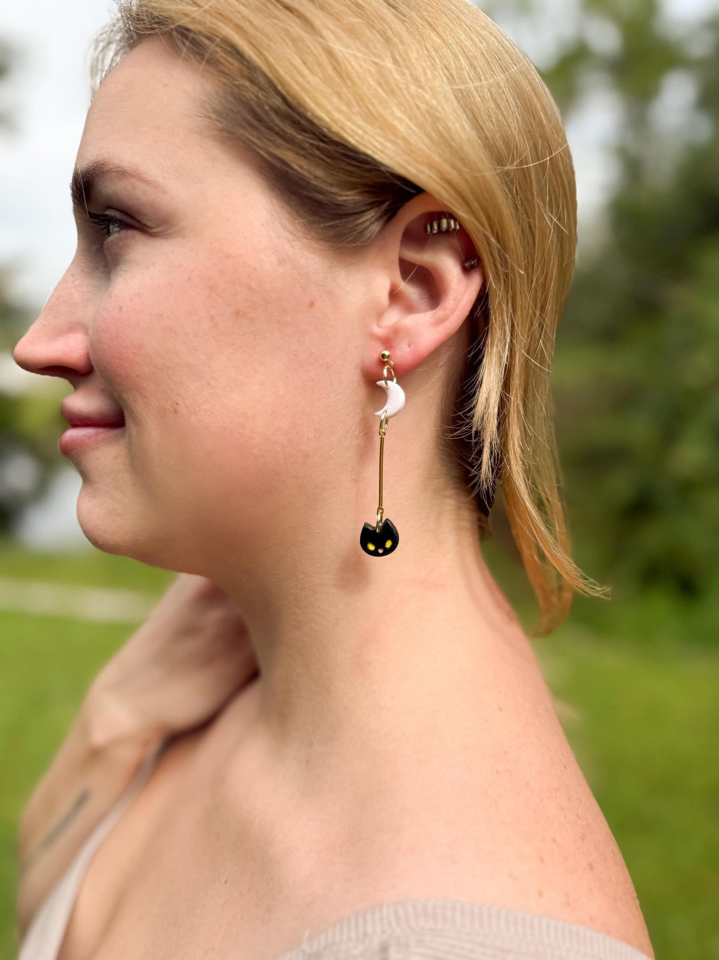 Black Cat Dangle Earrings: Polymer Clay Moon, Gold Bar - Halloween Jewelry