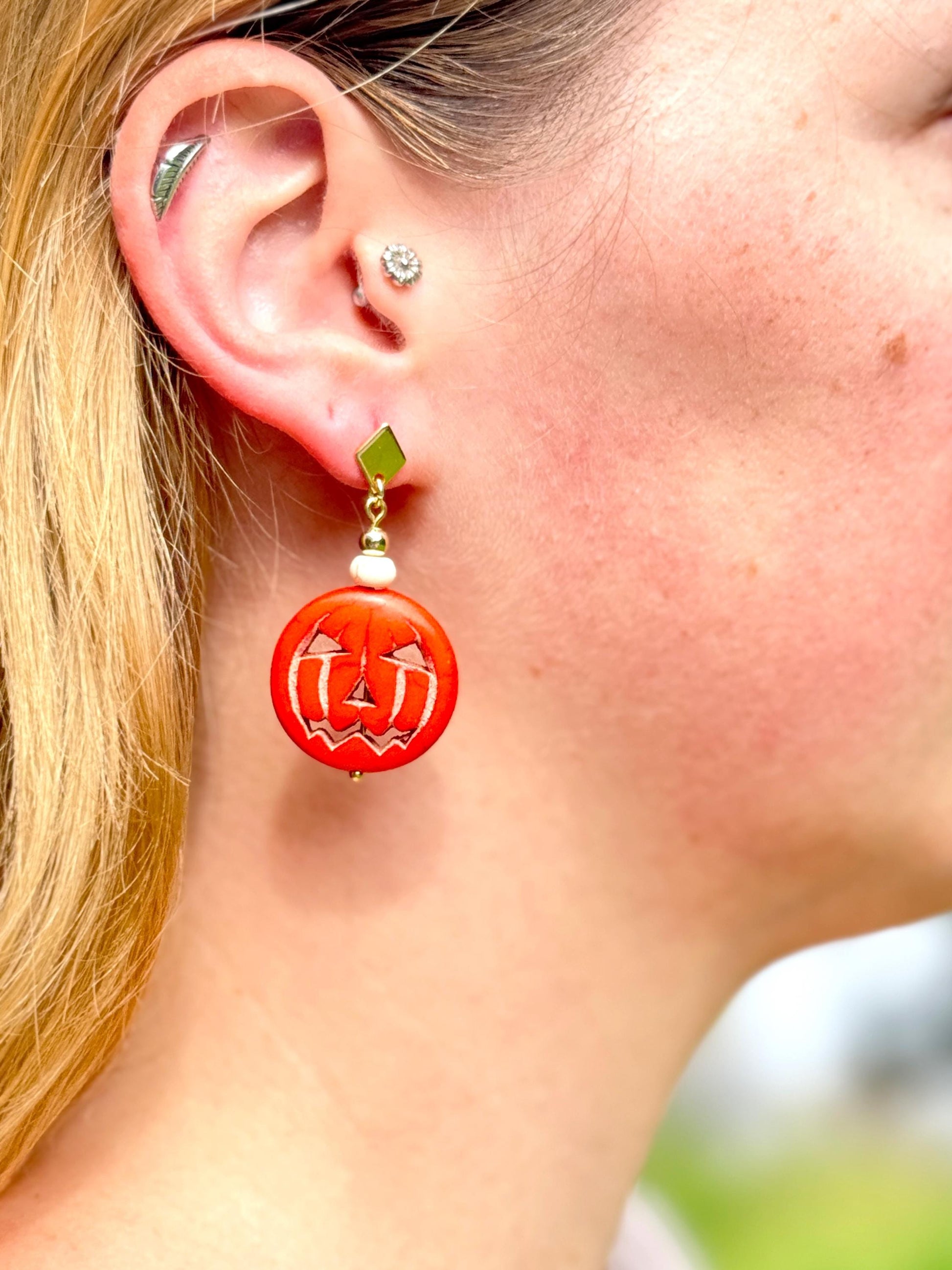 Halloween Earrings, Pumpkin Earrings — Jack-O’-Lantern Bead Dangles with Gold Accents