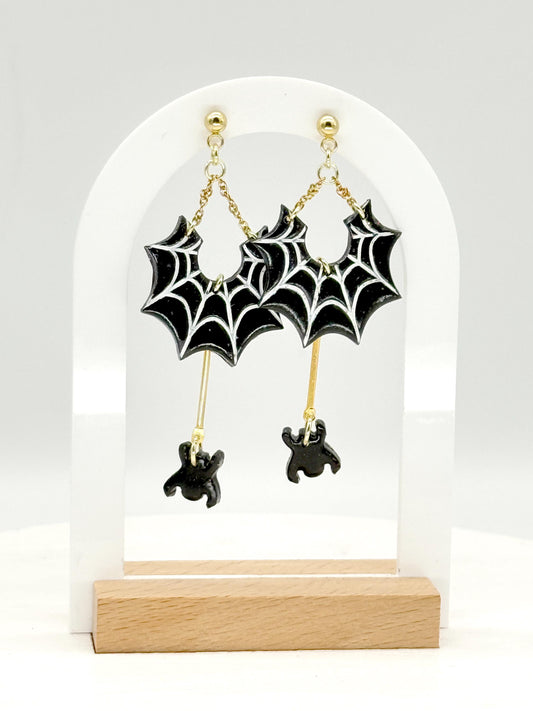 Spiderweb Ghost Dangle Earrings: Black & Gold Polymer Clay, Gold-Plated