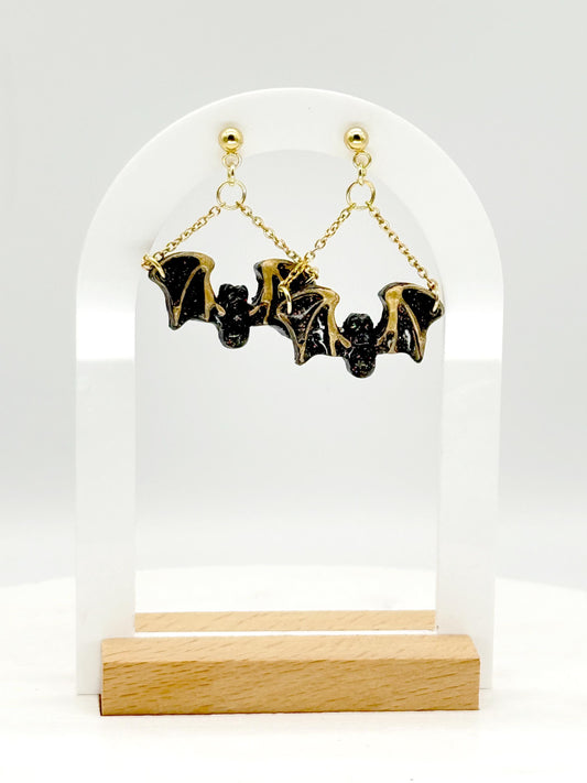 Halloween Earrings, Clay Earrings – Black Bat Chain Dangles in Resin & Gold | Spooky Fall Gift