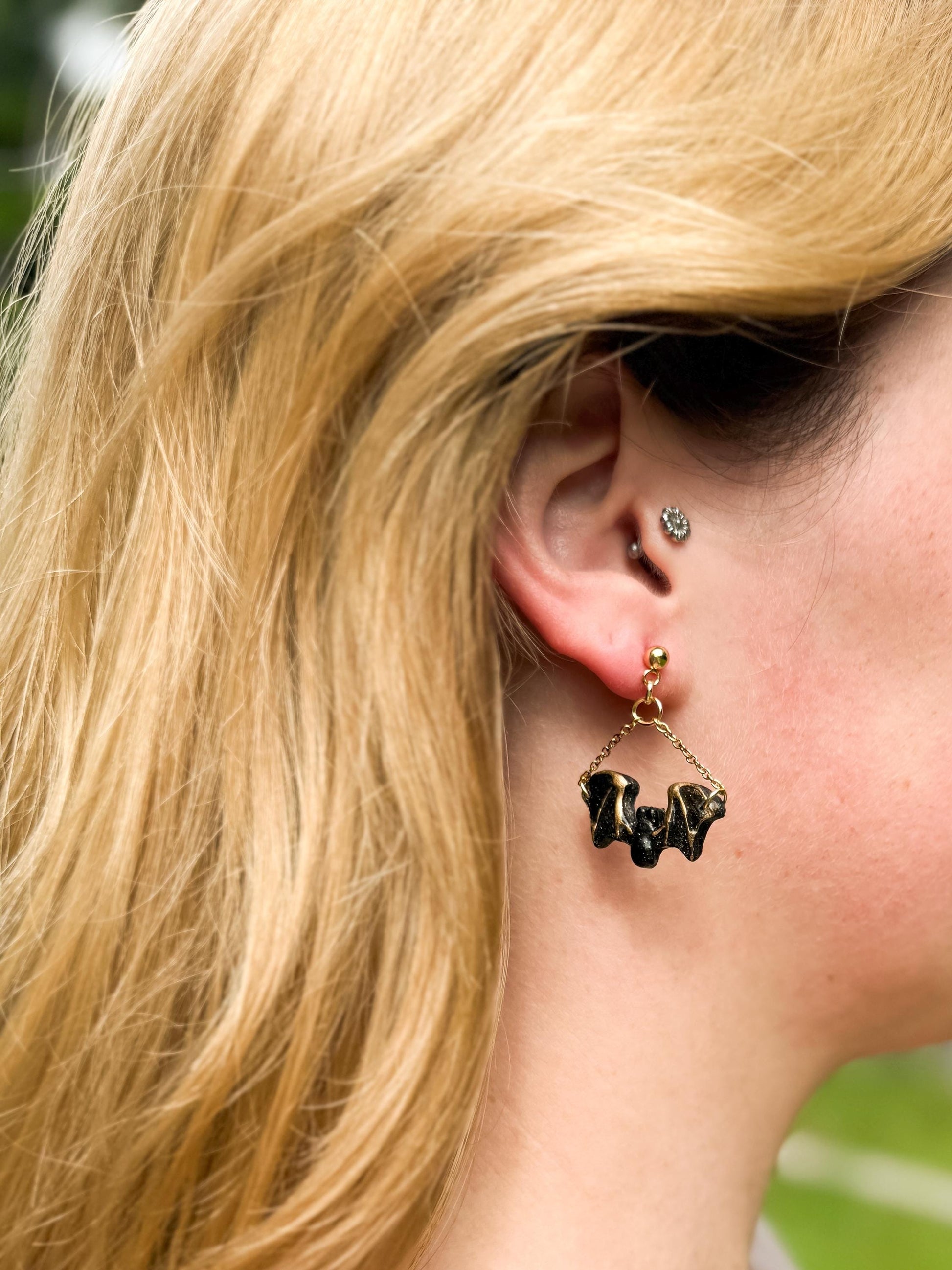 Halloween Earrings, Clay Earrings – Black Bat Chain Dangles in Resin & Gold | Spooky Fall Gift