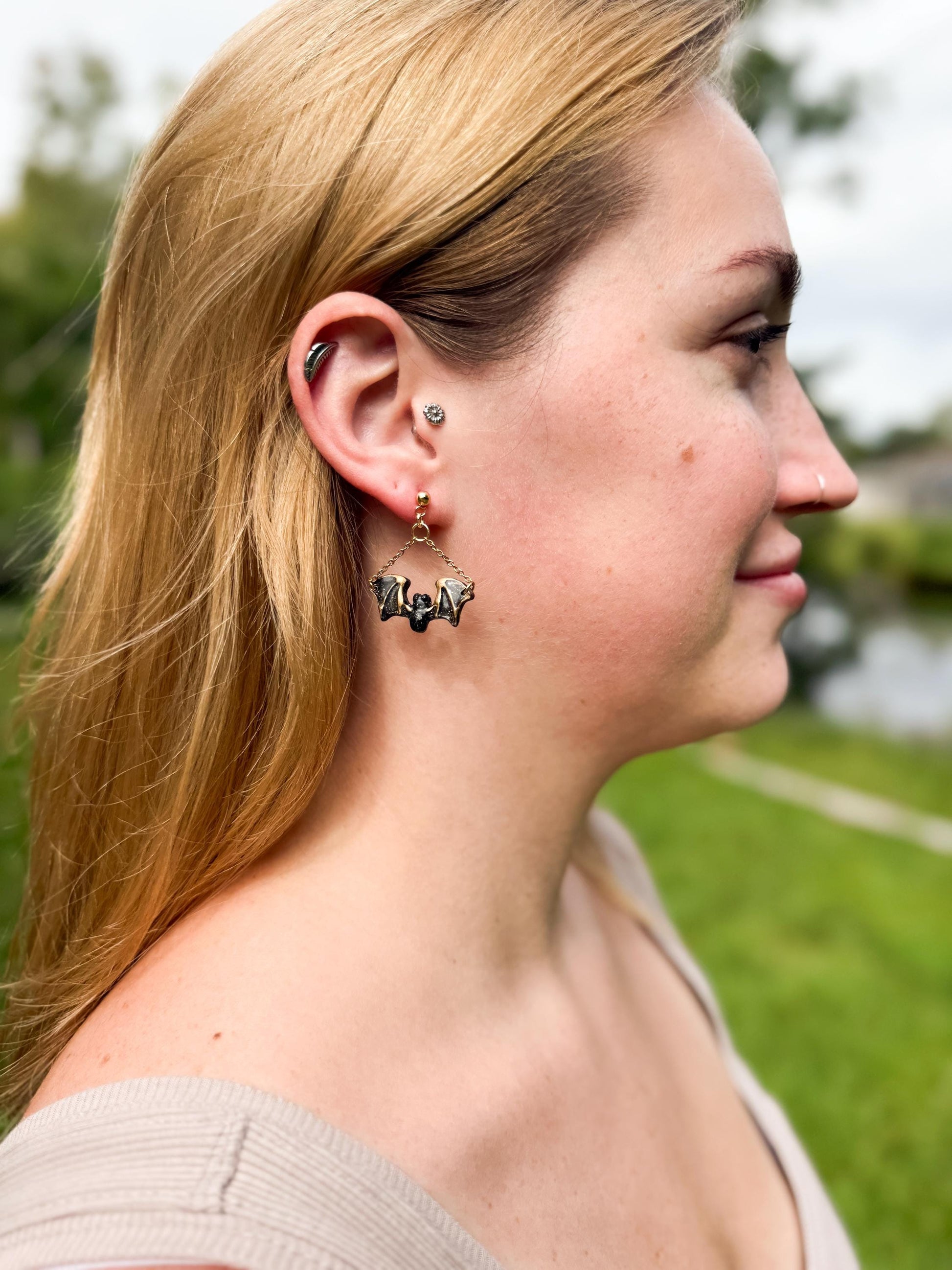 Halloween Earrings, Clay Earrings – Black Bat Chain Dangles in Resin & Gold | Spooky Fall Gift