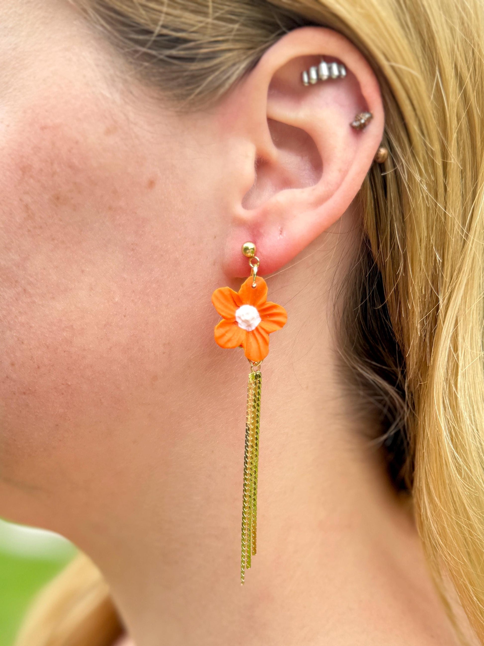 Flower Earrings, Clay Earrings – Orange Floral Dangles with Gold Bars | Asymmetrical Fall Jewelry Gif