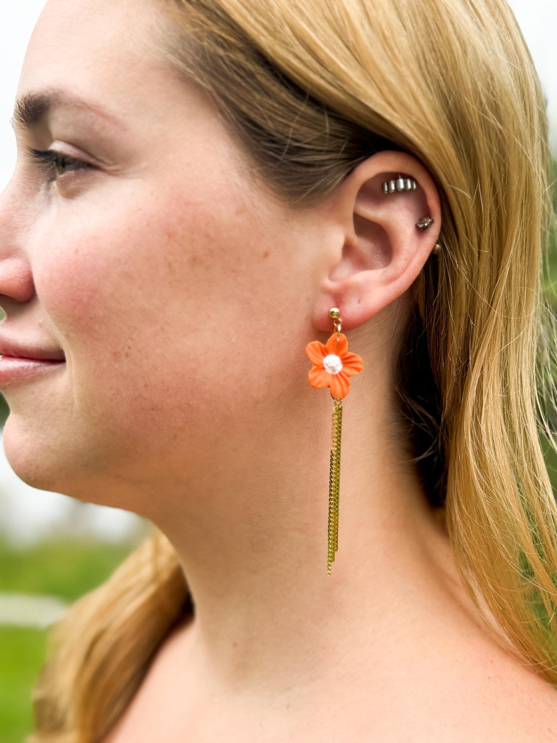 Flower Earrings, Clay Earrings – Orange Floral Dangles with Gold Bars | Asymmetrical Fall Jewelry Gif