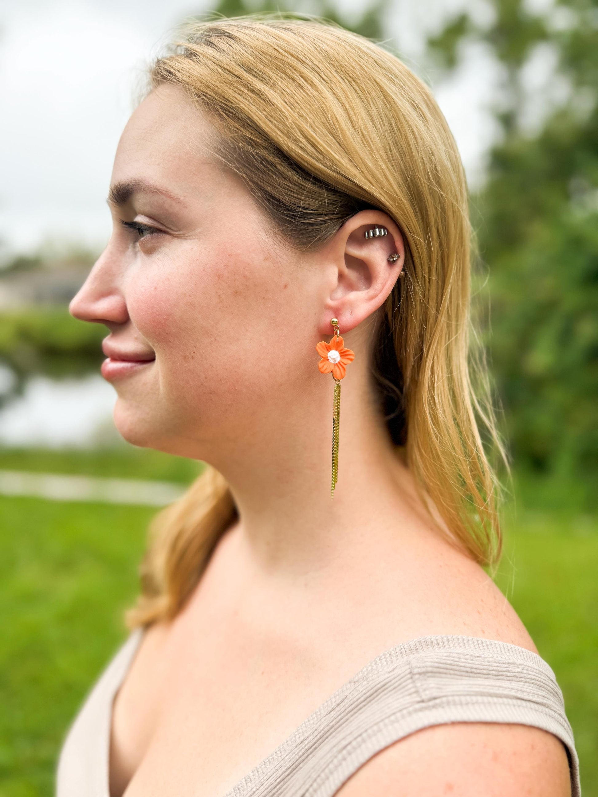 Flower Earrings, Clay Earrings – Orange Floral Dangles with Gold Bars | Asymmetrical Fall Jewelry Gif