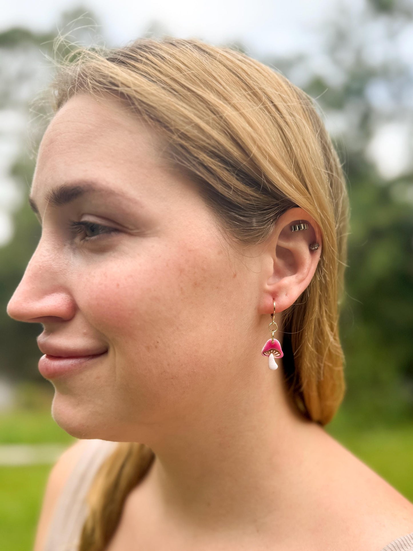 Mushroom Earrings, Whimsical Earrings – Pink Toadstool Polymer Clay Dangles on Gold Hoops