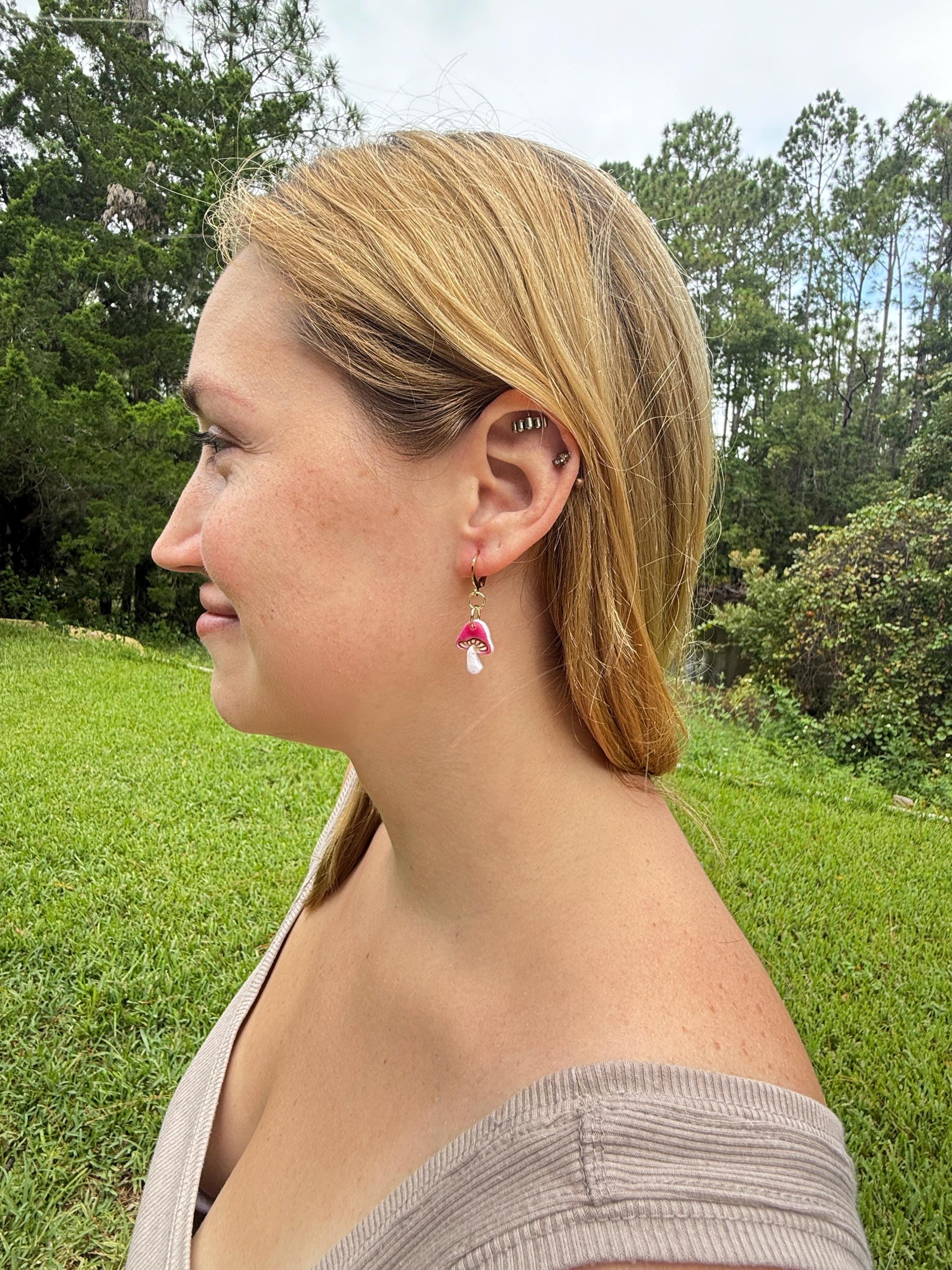 Mushroom Earrings, Whimsical Earrings – Pink Toadstool Polymer Clay Dangles on Gold Hoops