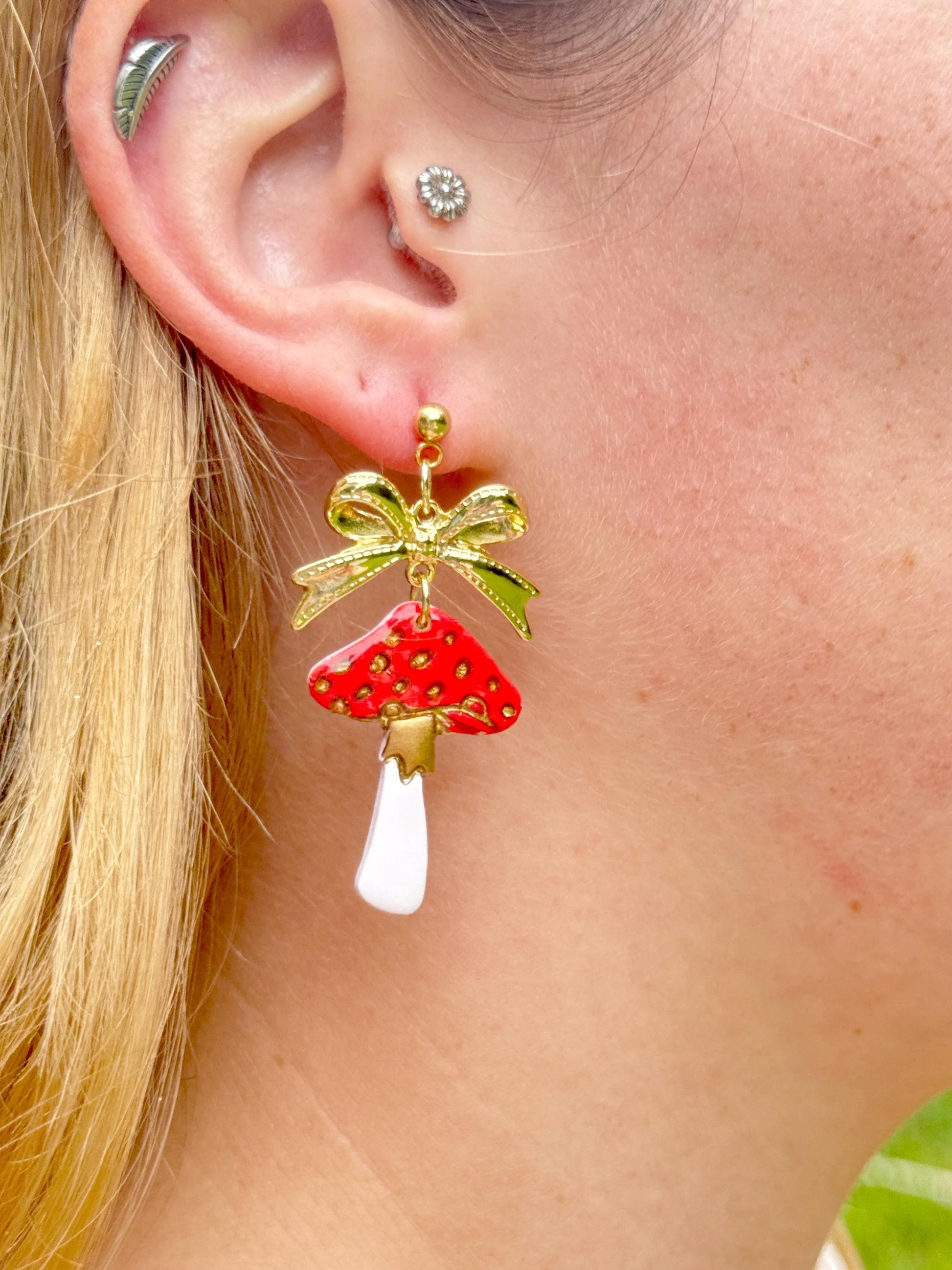 Mushroom Earrings, Whimsical Earrings — Red Toadstool Dangles with Gold Bows | Clay & Resin Fall Jewelry