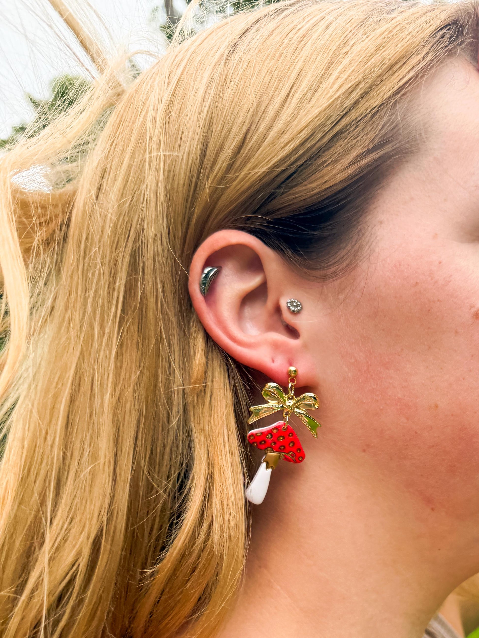 Mushroom Earrings, Whimsical Earrings — Red Toadstool Dangles with Gold Bows | Clay & Resin Fall Jewelry