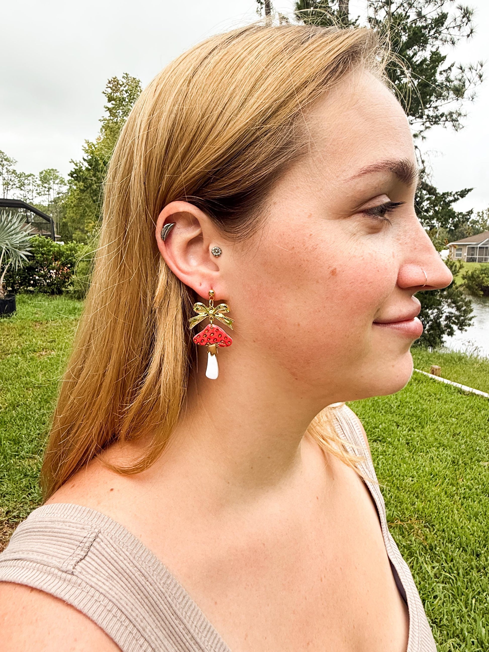 Mushroom Earrings, Whimsical Earrings — Red Toadstool Dangles with Gold Bows | Clay & Resin Fall Jewelry