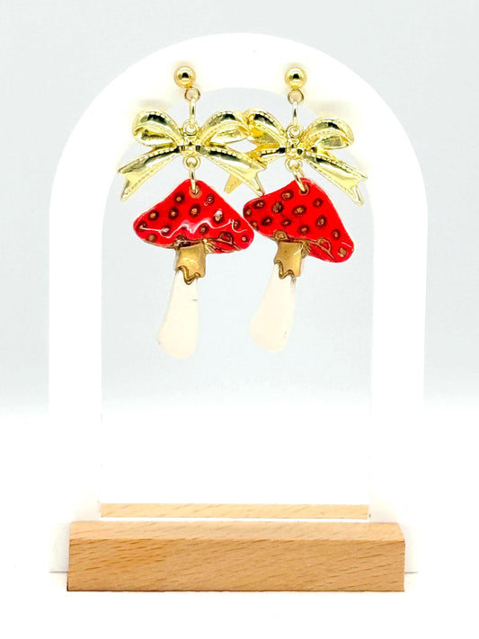 Mushroom Earrings, Whimsical Earrings — Red Toadstool Dangles with Gold Bows | Clay & Resin Fall Jewelry