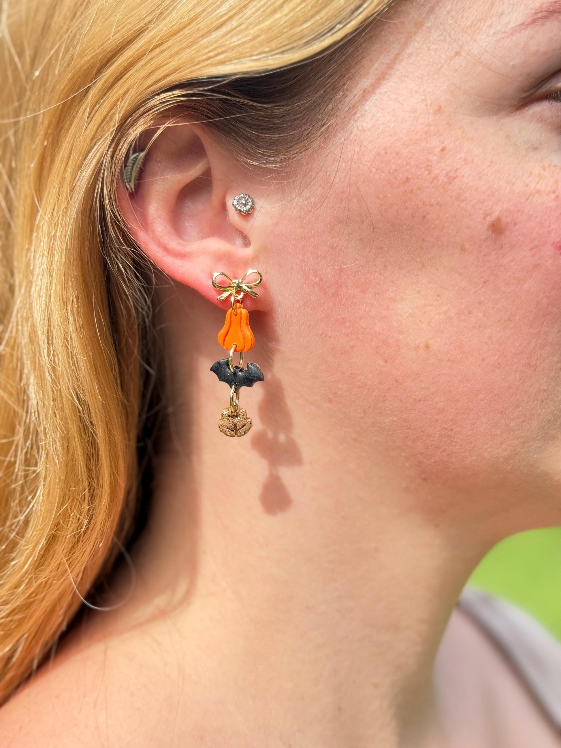 Pumpkin Bat Earrings • Clay & Glitter Dangles • Gold Bow Studs • Halloween Earrings • Spooky Cute Fall Jewelry • Autumn Party Gift